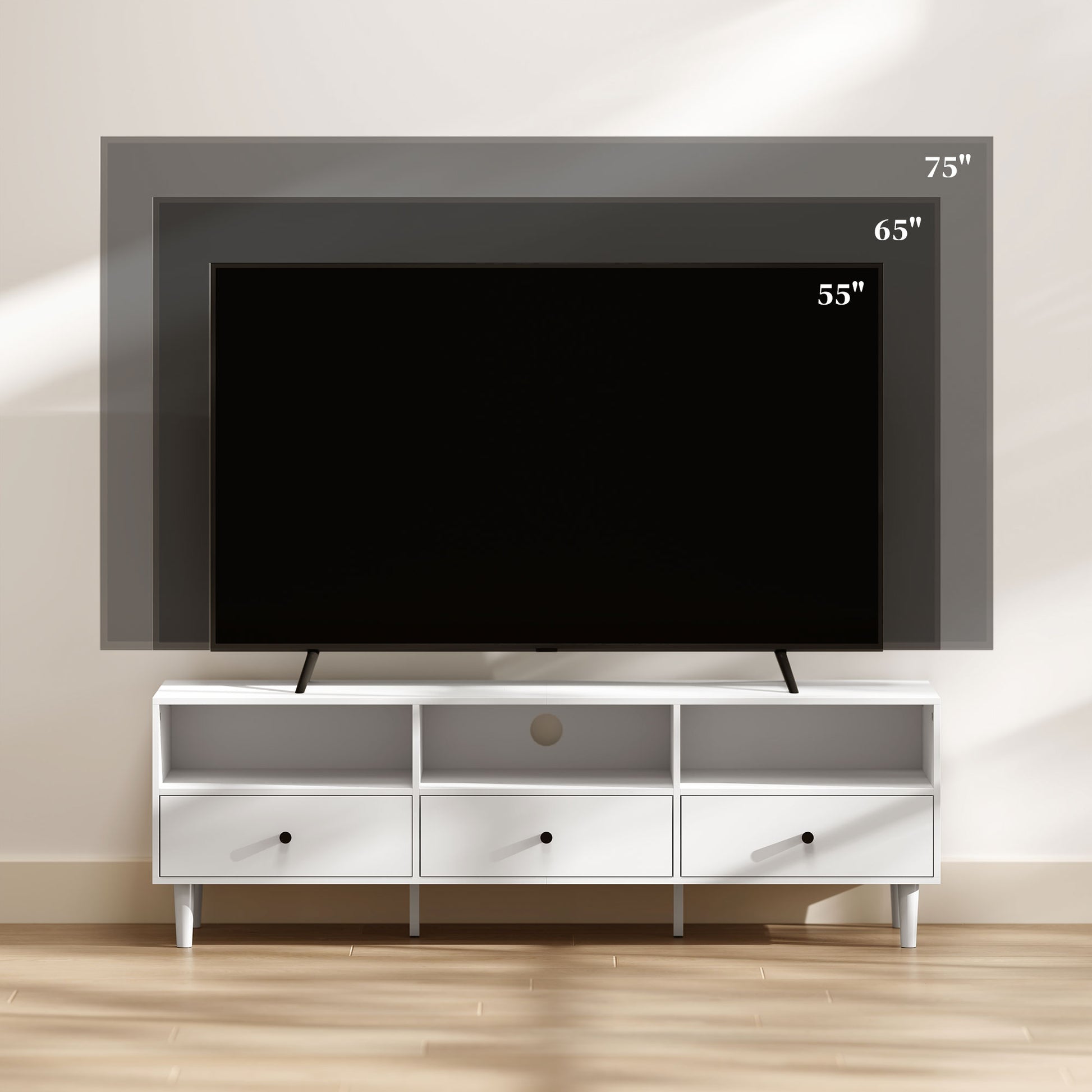 TV-Kommode, TV-Ständer für 75-Zoll-Bildschirme, 3 offene Fächer, 3 Schubladen, Spanplatte