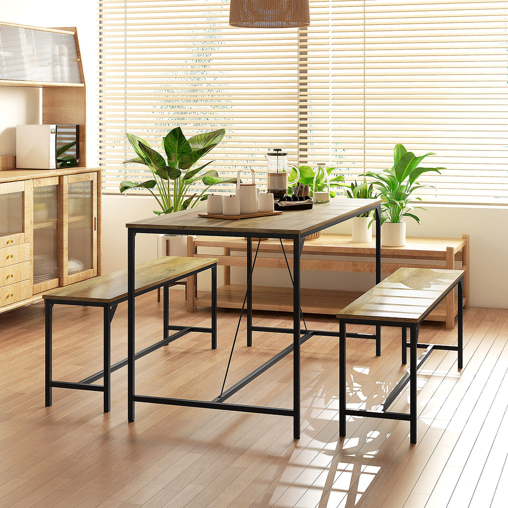 Essgarnitur, Tisch & 2 Bänke, Industrial Design, Stahlrahmen, Holzdekor/Schwarz