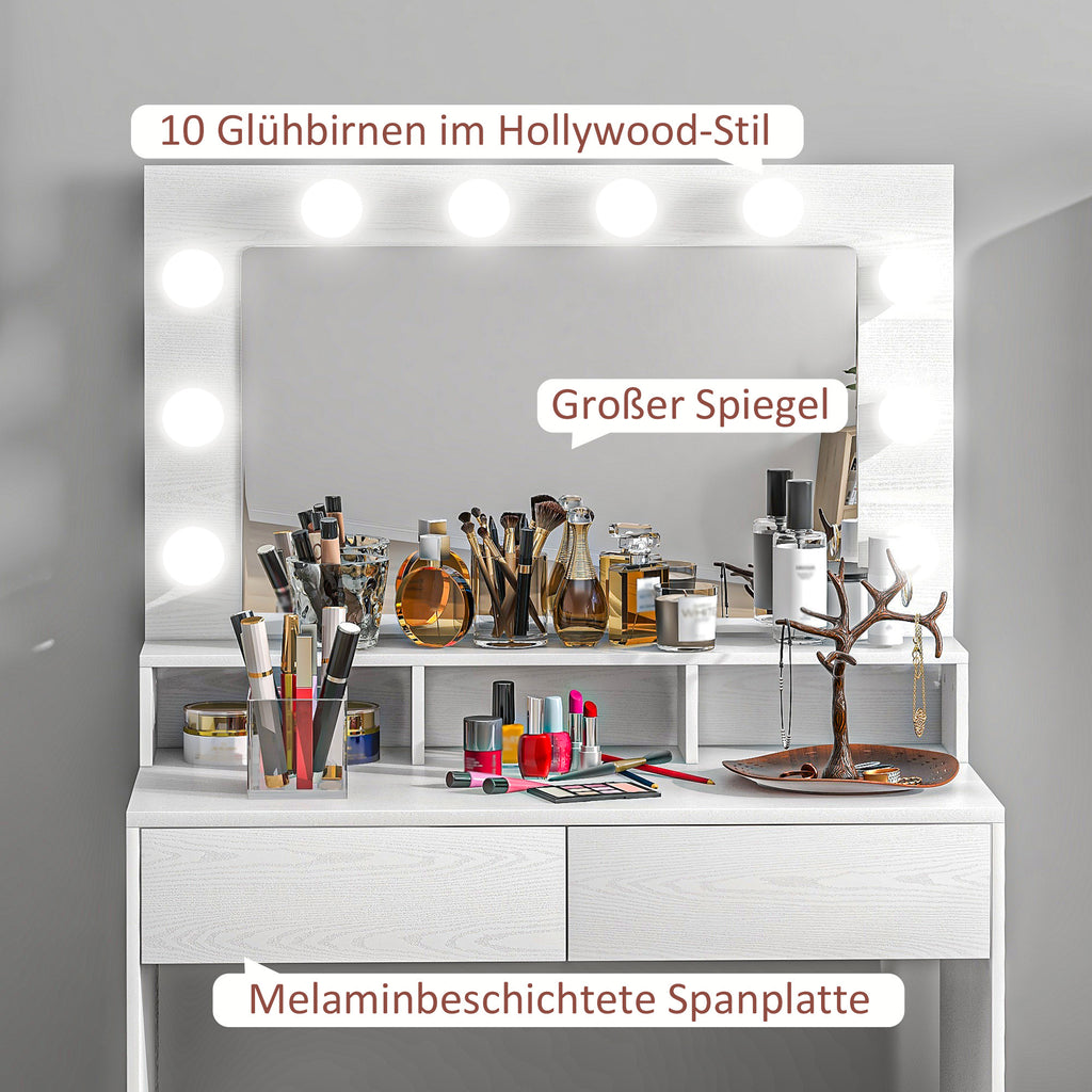 Schminktisch mit beleuchtetem Spiegel, Schubladen, 3 Lichtoptionen, 10 Glühbirnen, Weiß