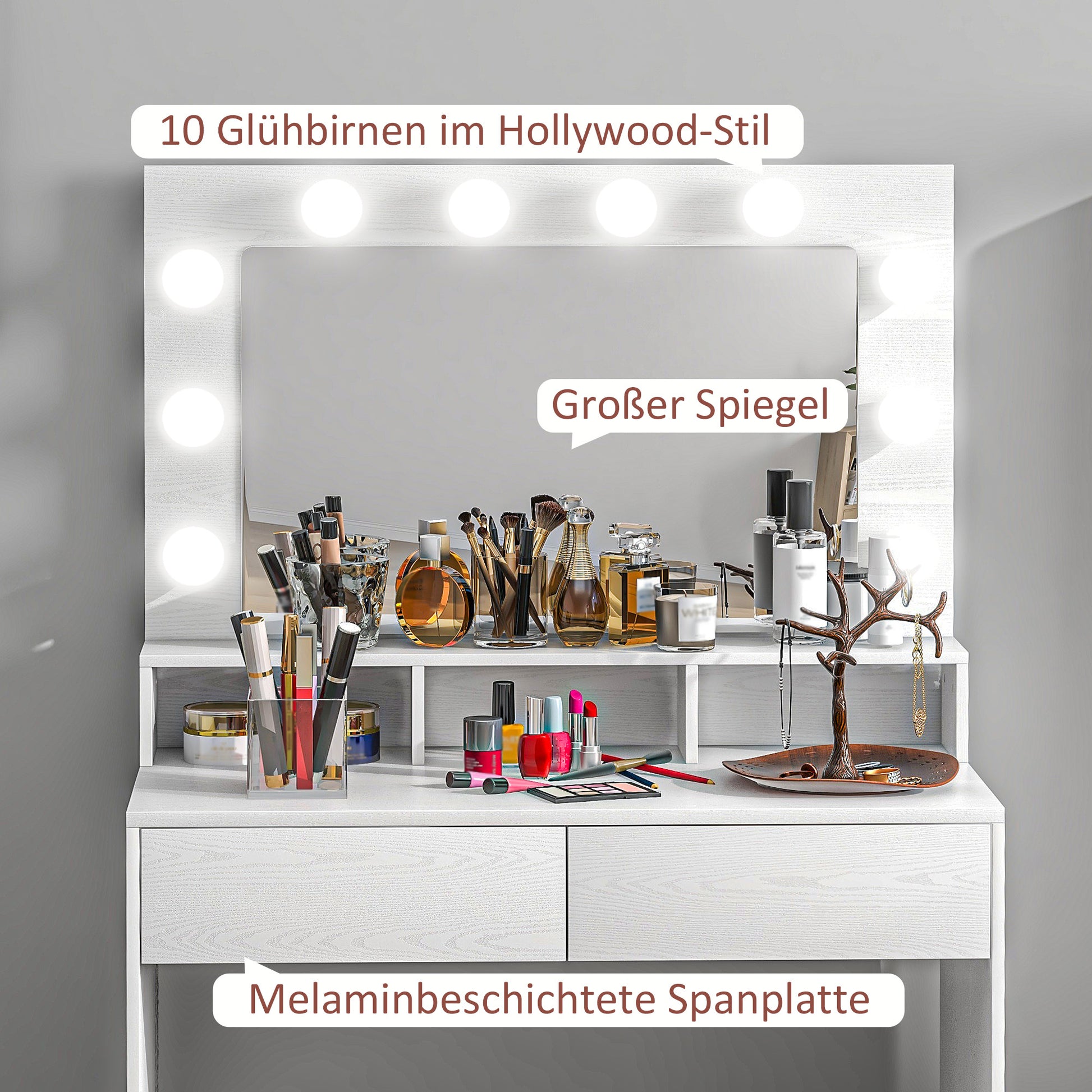 Schminktisch mit beleuchtetem Spiegel, Schubladen, 3 Lichtoptionen, 10 Glühbirnen, Weiß