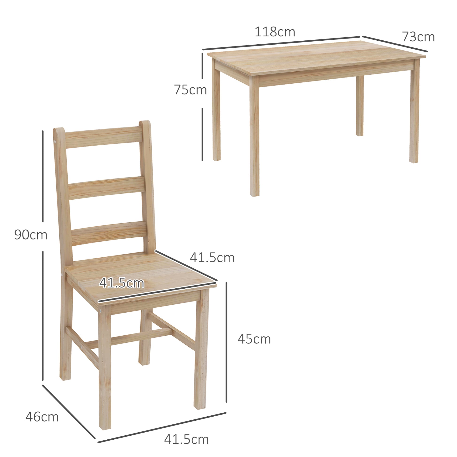 5-teilige Essgruppe Esstisch mit Stühlen Sitzgruppe, Massivholz, 118 cm x 73 cm x 75 cm