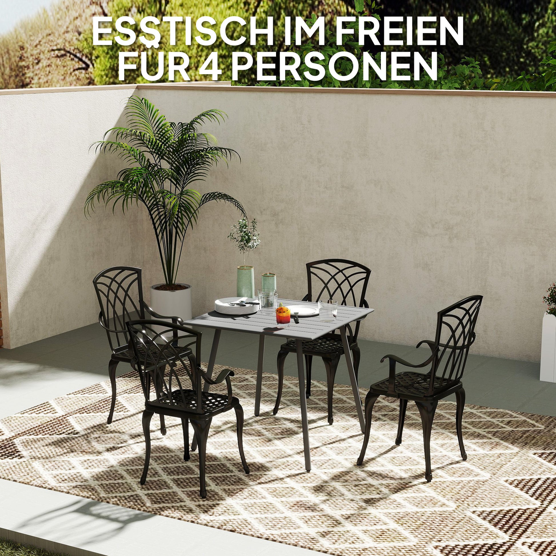 Gartentisch, Outdoor-Esstisch für 4 Personen, Stahlrahmen, leicht zu reinigen, rostbeständig!