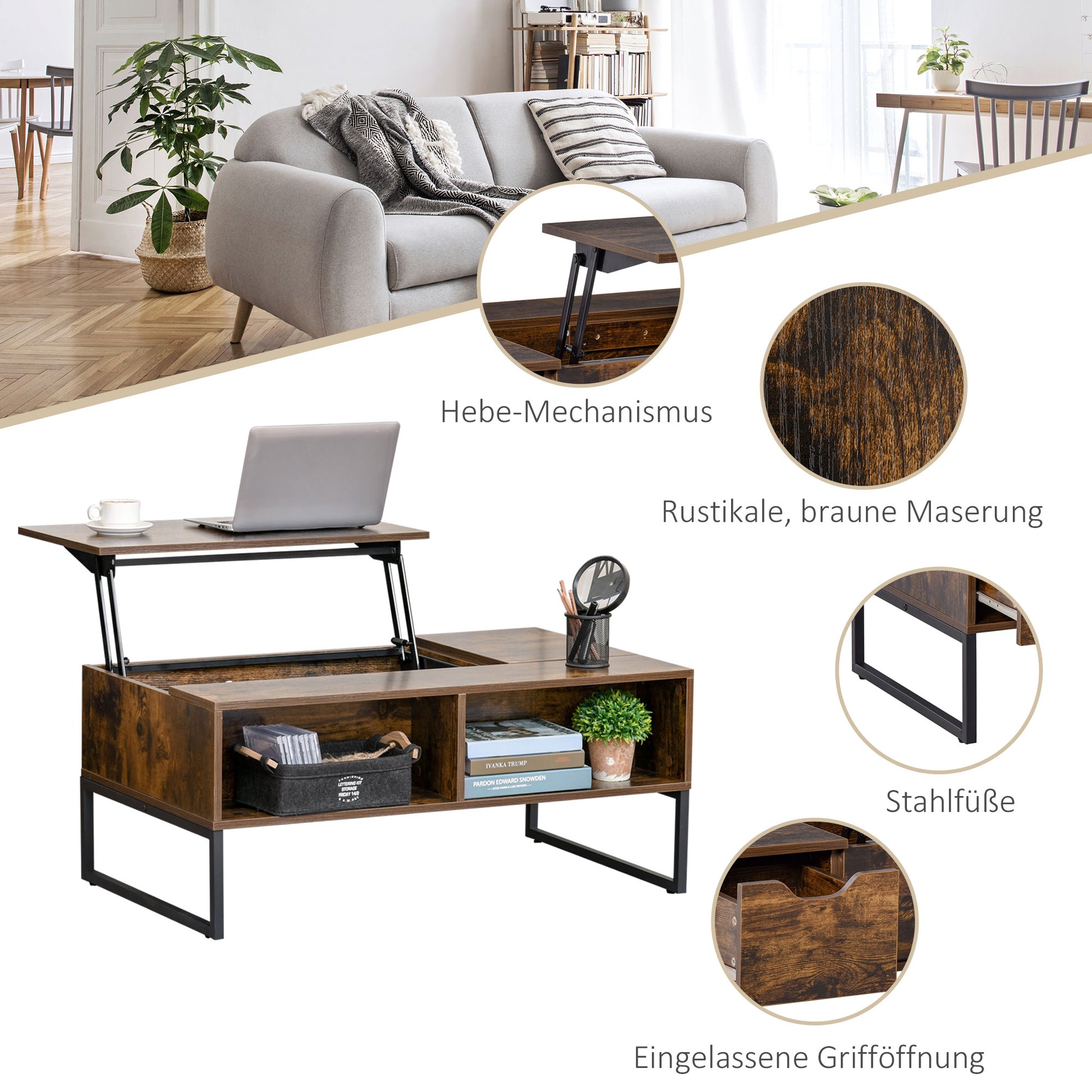 Couchtisch mit Höhenverstellbarer Platte Spanplatte Braun 100 x 60 x 44 cm