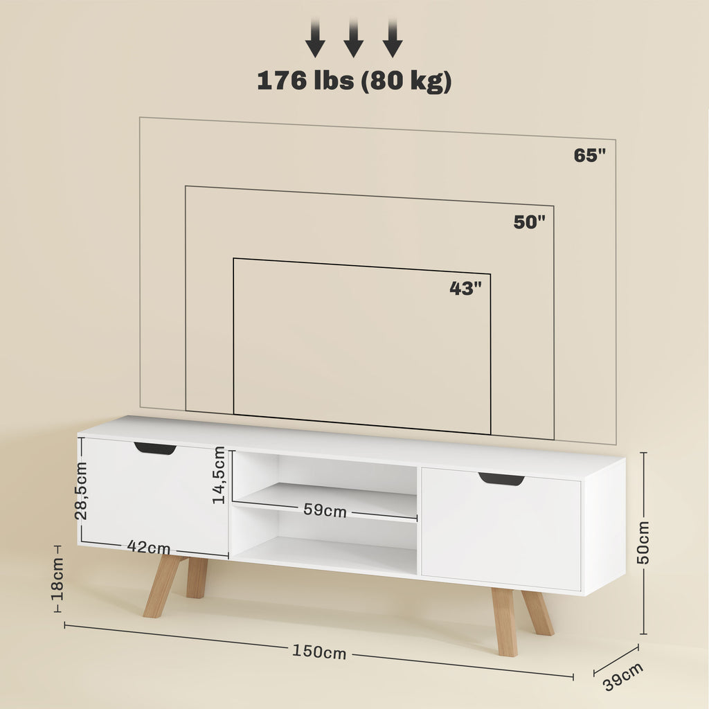TV-Kommode mit Schubladen und offenen Regalen, MDF, 150 x 39 x 50 cm, Weiß
