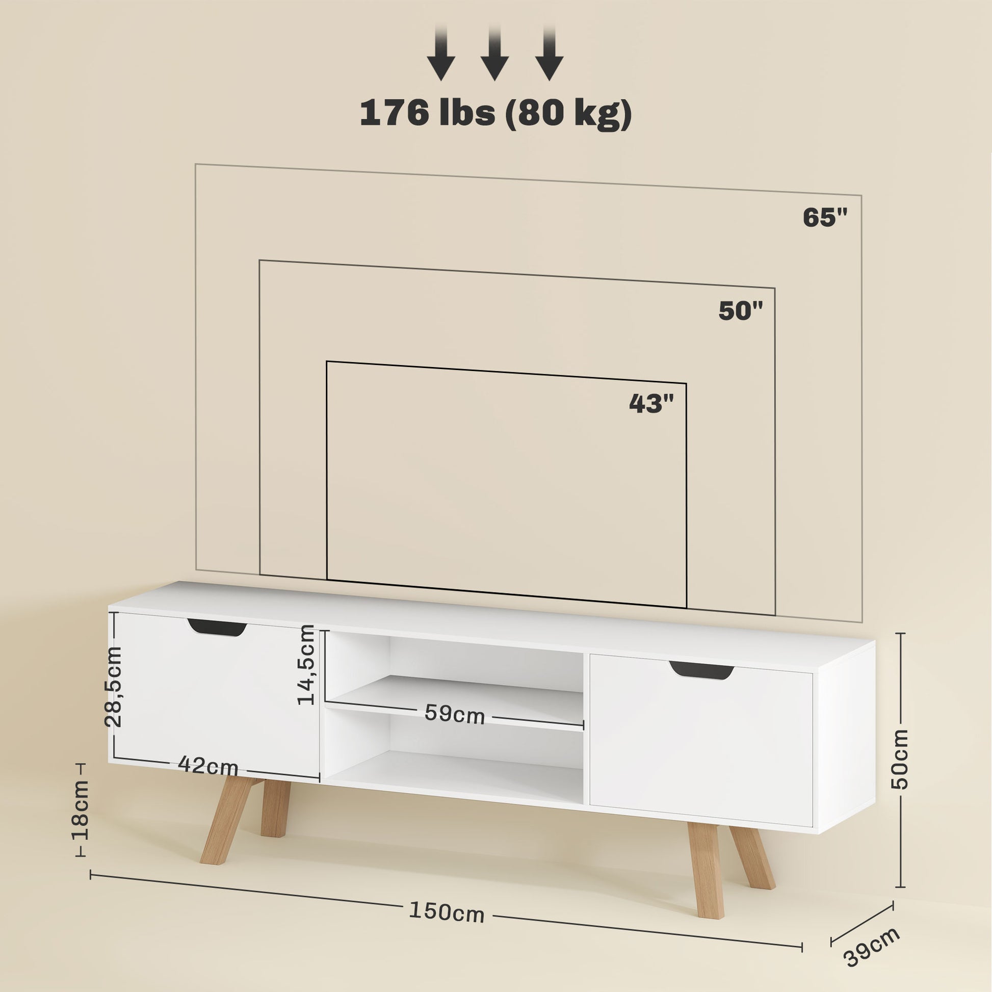 TV-Kommode mit Schubladen und offenen Regalen, MDF, 150 x 39 x 50 cm, Weiß