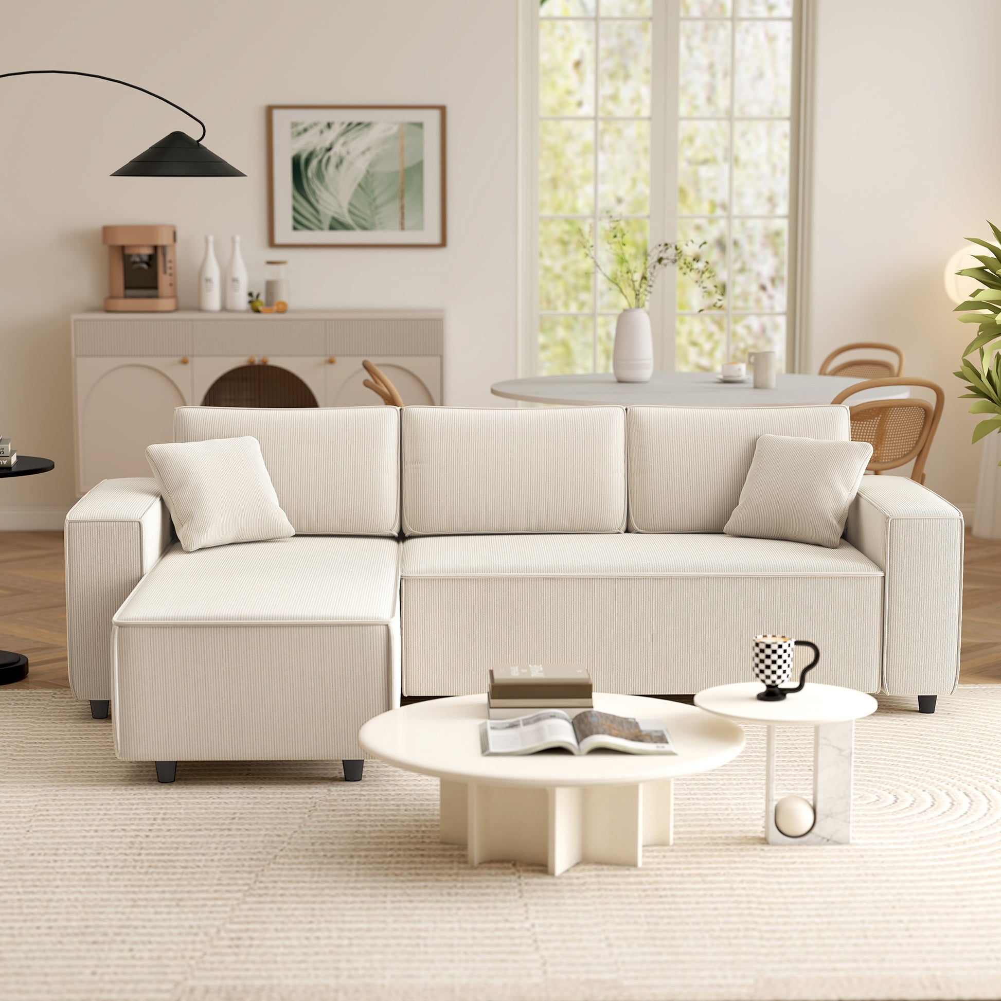 Ecksofa 3-Sitzer in L-Form Eckcouch mit Umkehrbarer Chaiselongue, 241x153x83 cm Cremeweiß