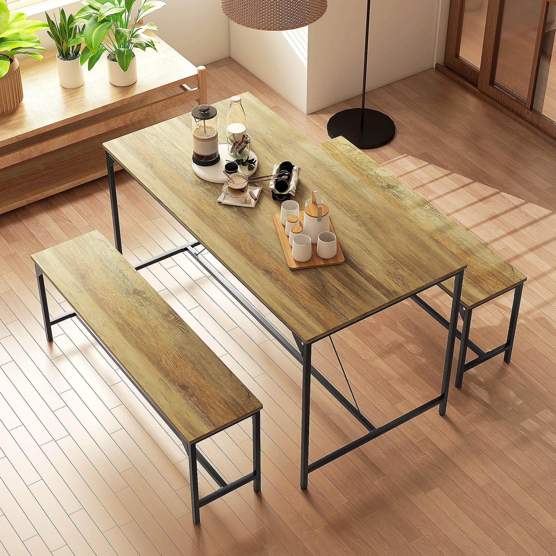 Essgarnitur, Tisch & 2 Bänke, Industrial Design, Stahlrahmen, Holzdekor/Schwarz