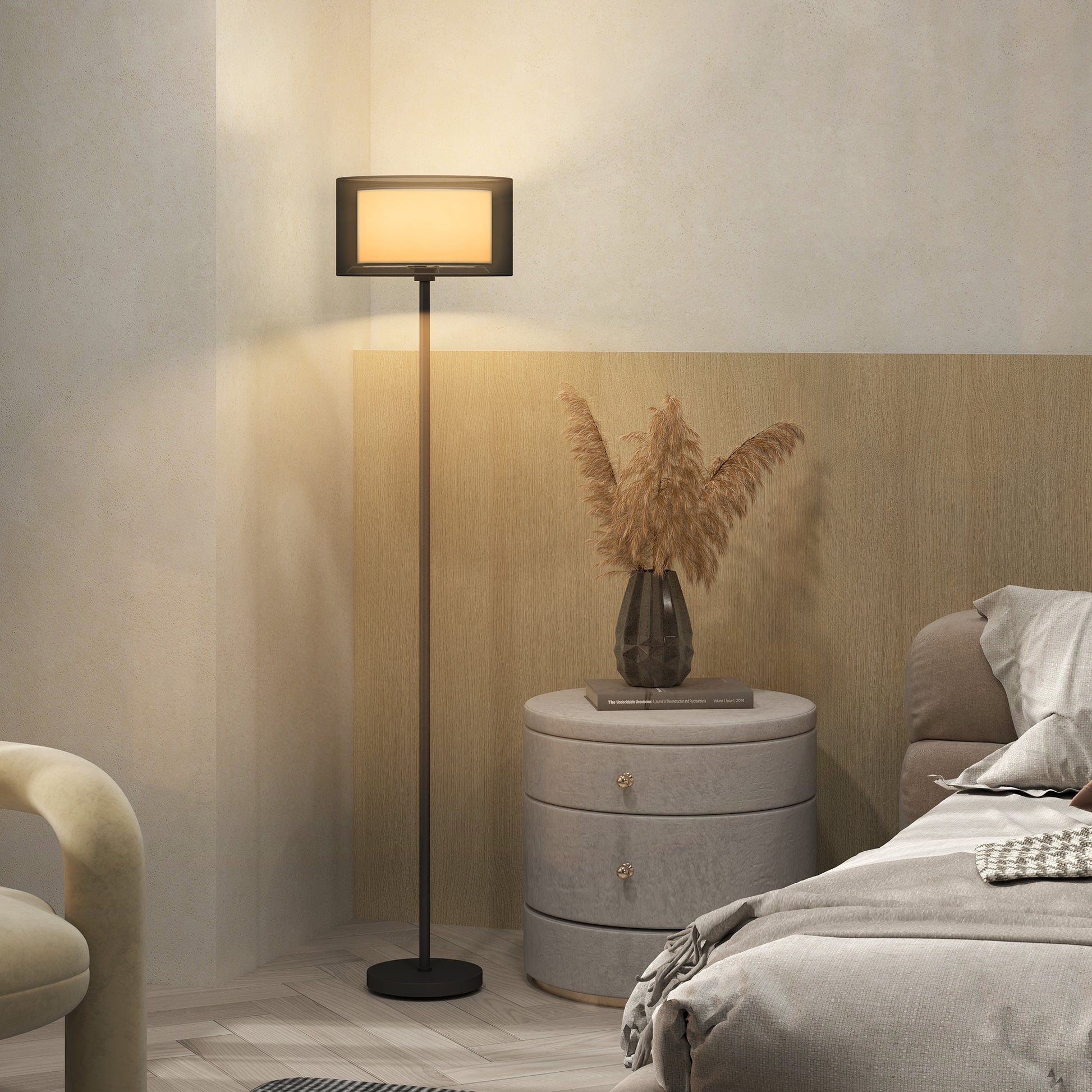 Stehlampe, zweifarbiger Lampenschirm, Fußschalter, Metall, Schwarz