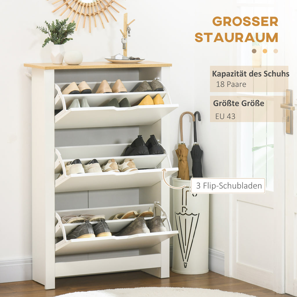 Schuhschrank, 3 Fächer, 18 Paar Schuhe, 72 cm x 26 cm x 112 cm, Weiß + Braun