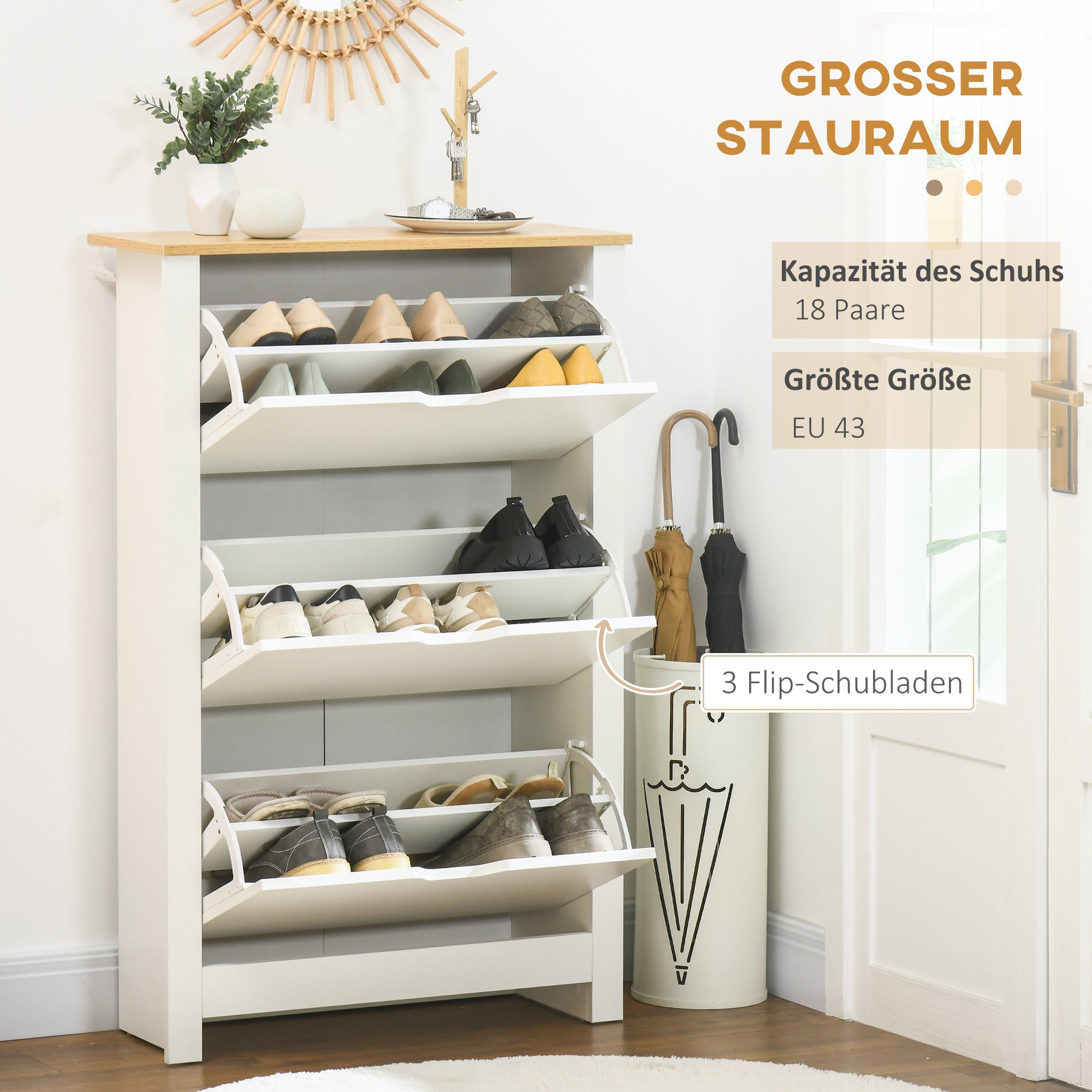 Schuhschrank, 3 Fächer, 18 Paar Schuhe, 72 cm x 26 cm x 112 cm, Weiß + Braun