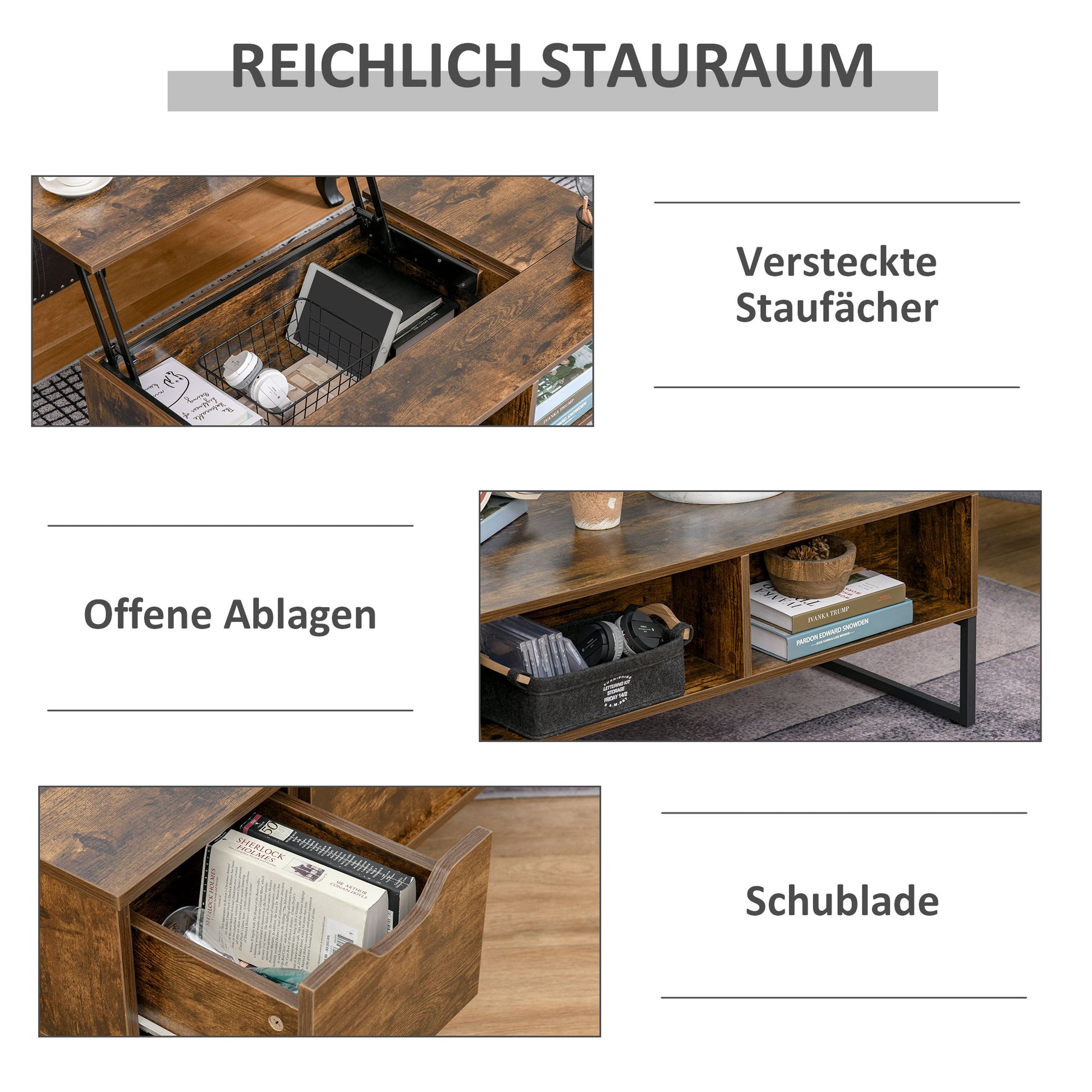 Couchtisch mit Höhenverstellbarer Platte Spanplatte Braun 100 x 60 x 44 cm
