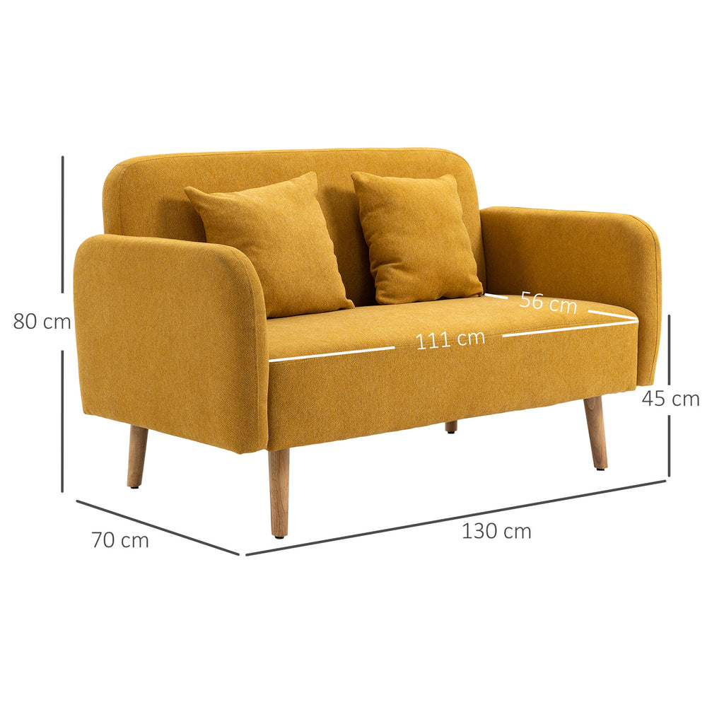 2 Sitzer Sofa mit 2 Wurfkissen, gepolsterter Doppelsofa, Polstersofa mit Samtopik, Armlehne, 130 x 70 x 80 cm, Gelb