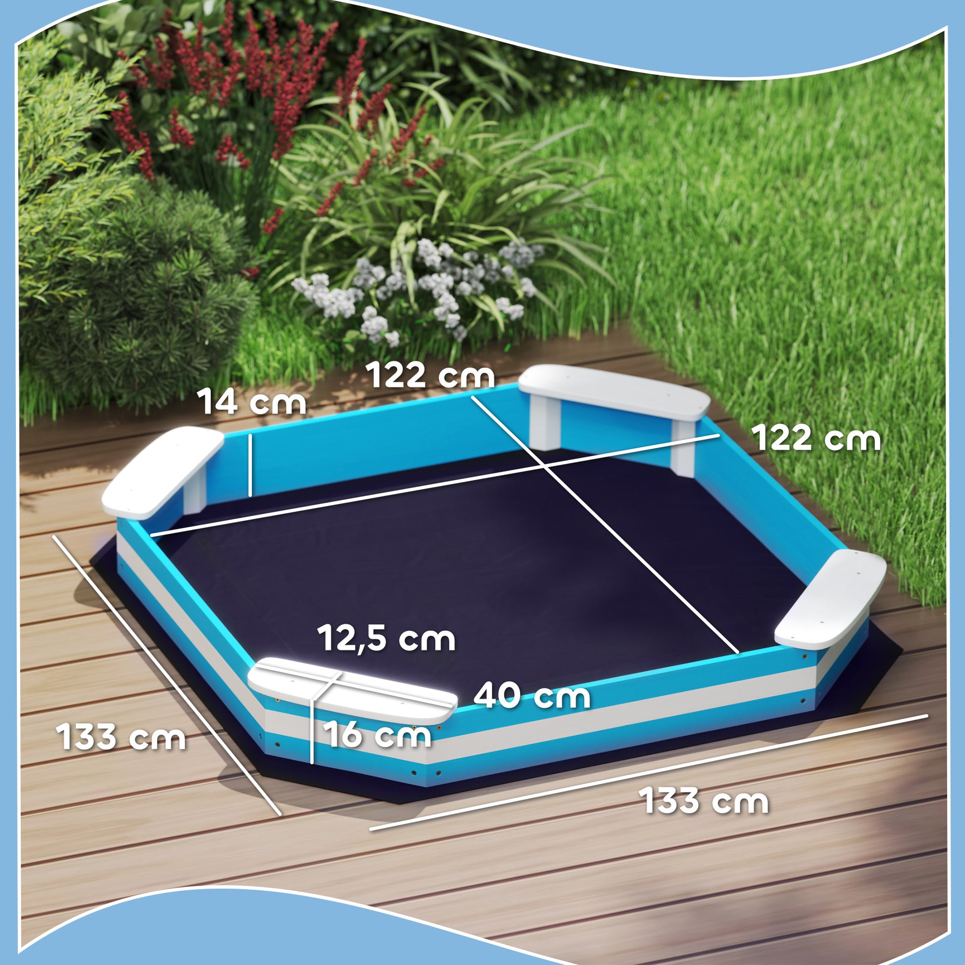 Sandkasten für Kinder, Sandkiste mit 4 Sitzen, Fichtenholz, bodenlos, Blau