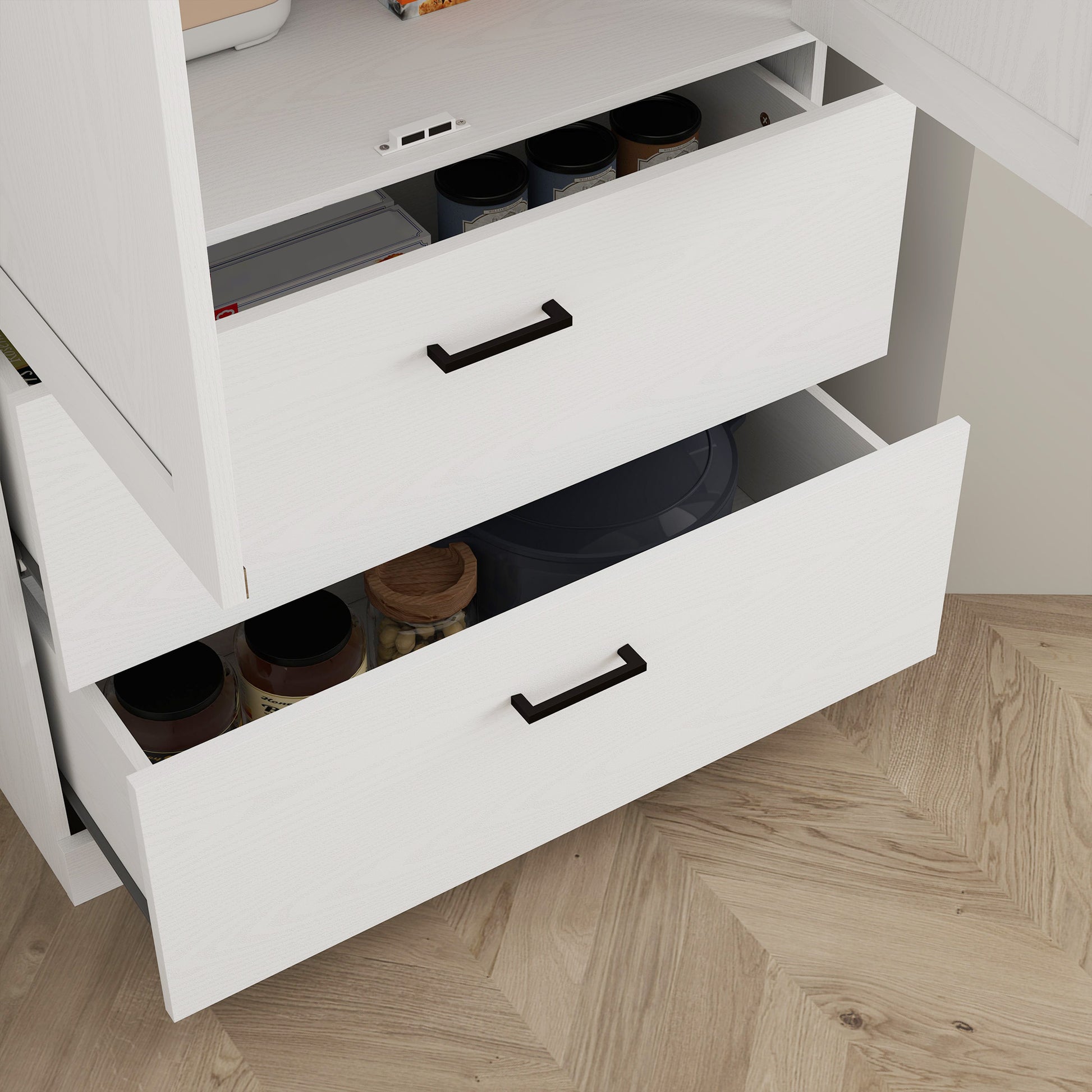 Freistehender Küchenschrank mit verstellbaren Regalen und zwei breiten Schubladen, Wohnzimmer, Küche