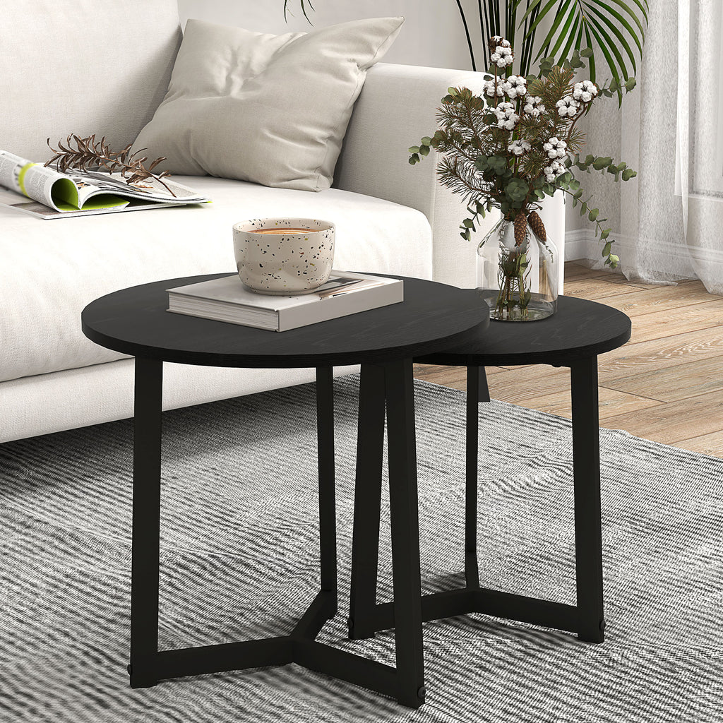 Moderner Couchtisch als 2er-Set, Metallrahmen, MDF, Rundes Design, ineinander verschiebbar