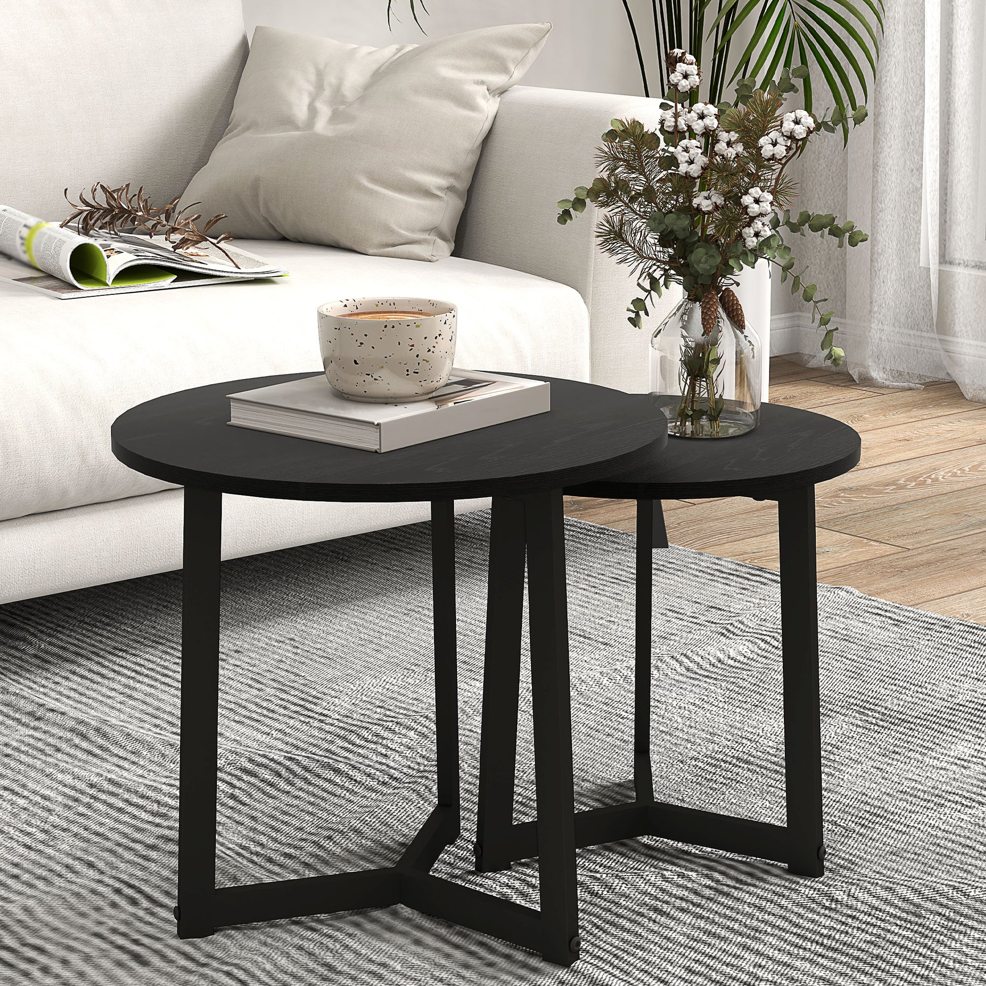 Moderner Couchtisch als 2er-Set, Metallrahmen, MDF, Rundes Design, ineinander verschiebbar