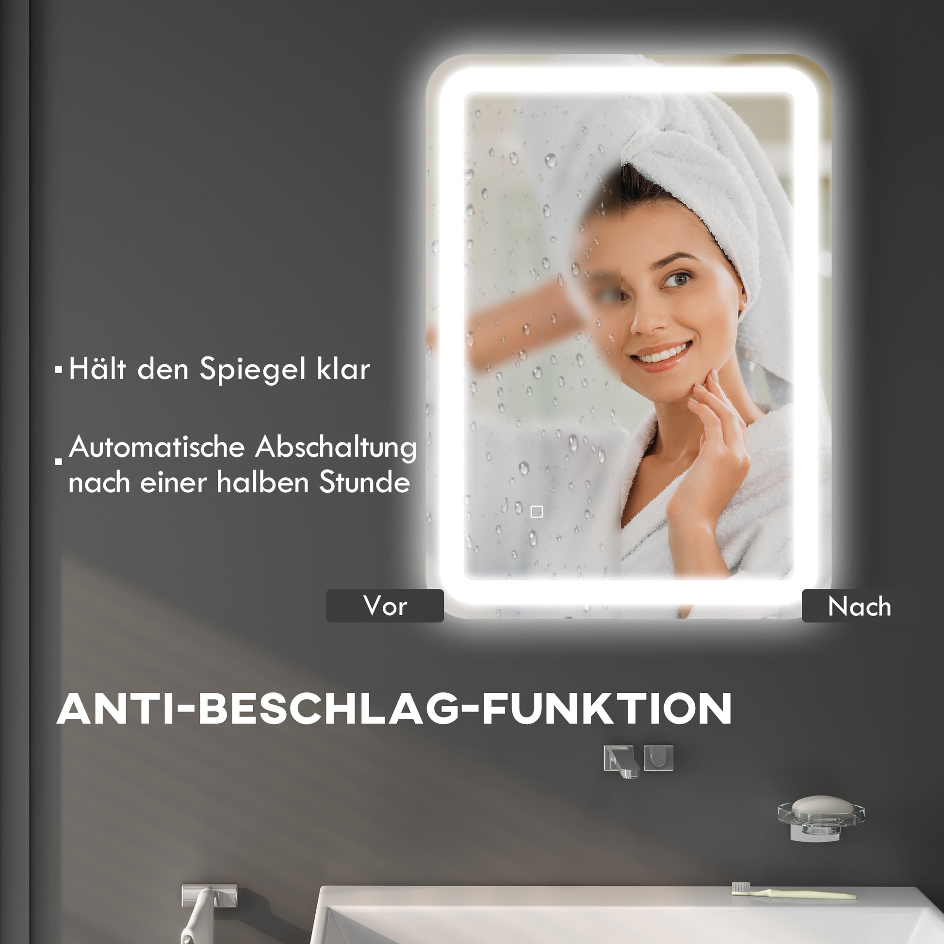 Badezimmerspiegel, beleuchtet, Touch-Steuerung, beschlagfrei, dimmbar, 3 Lichtfarben
