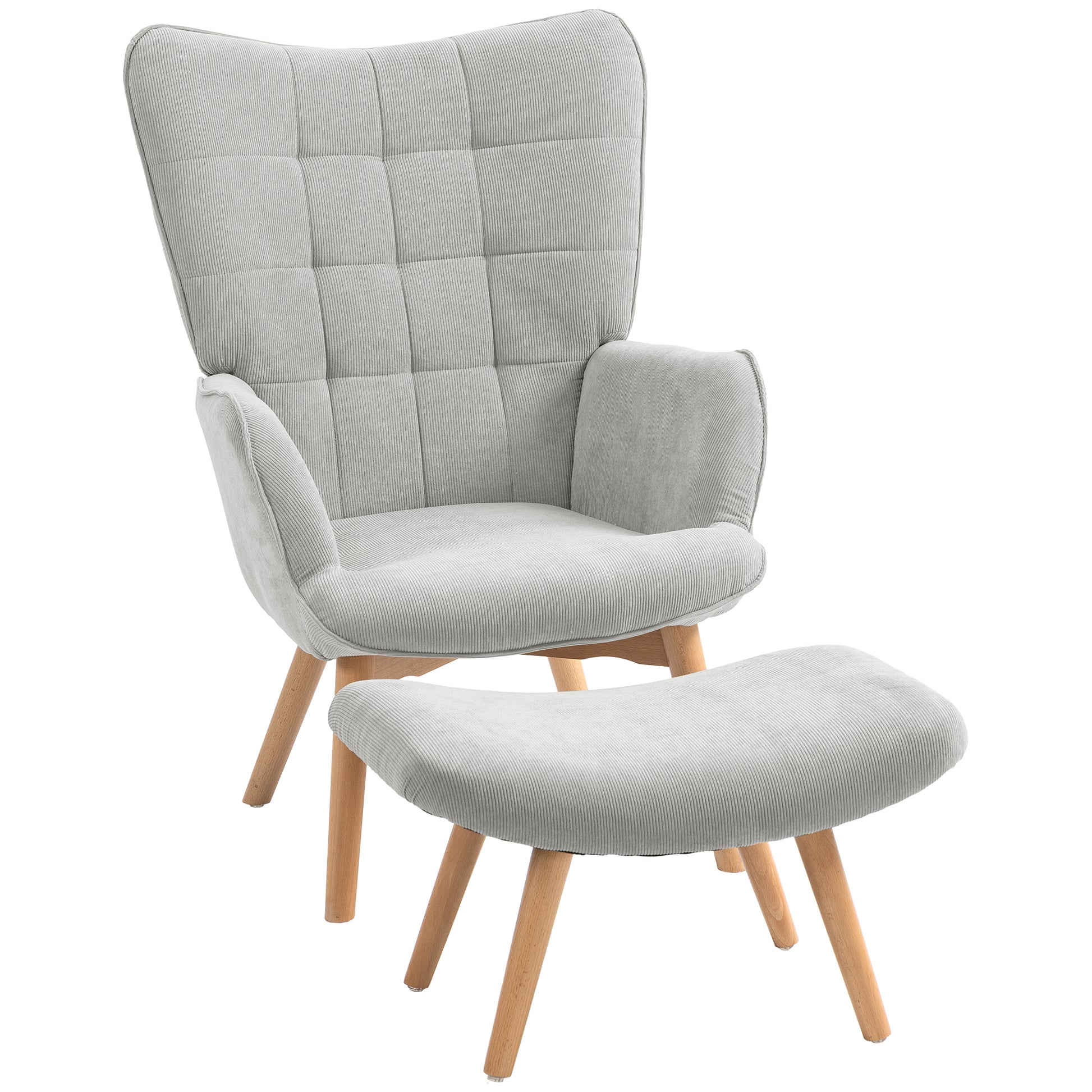Akzentsessel mit Hocker, Relaxsessel in Cord-Optik, Armlehnstuhl mit Holzbeinen