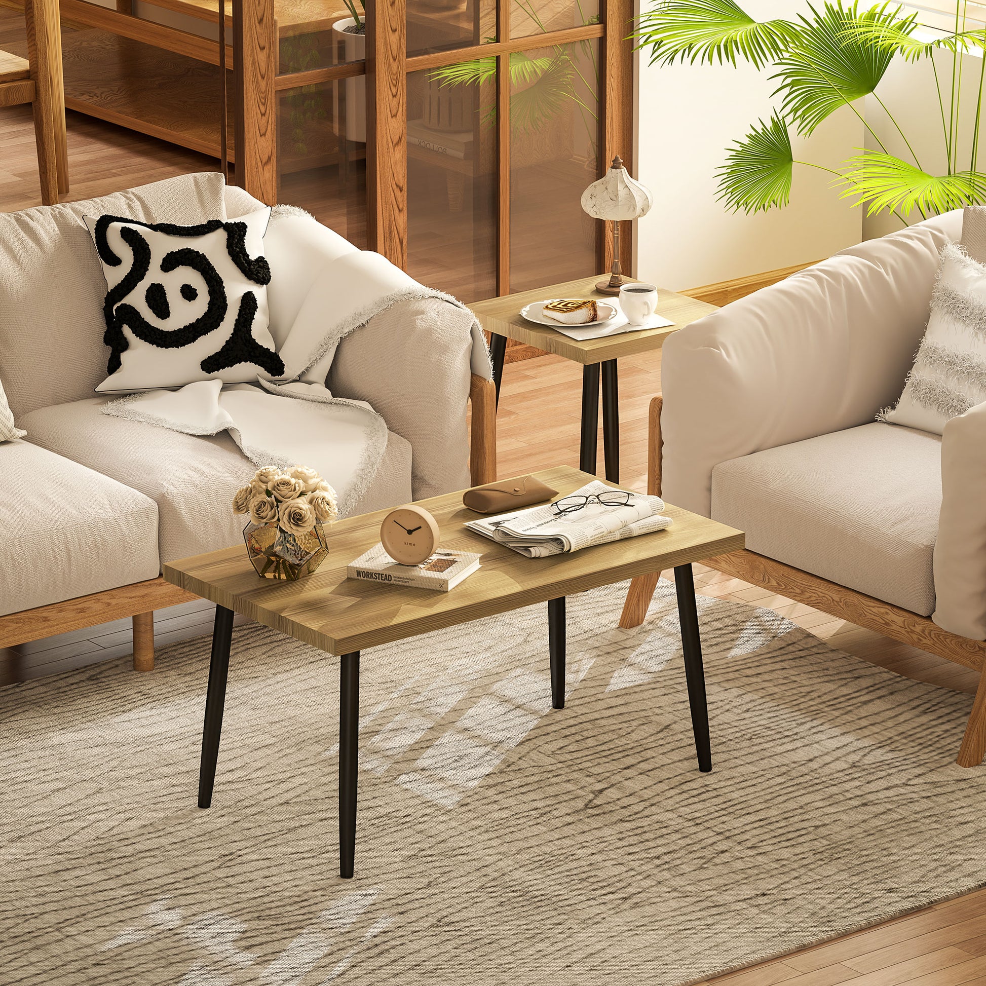 2er-Set Kaffeetische mit Metallrahmen und Holzplatte, Flexible Couchtische, Naturholz
