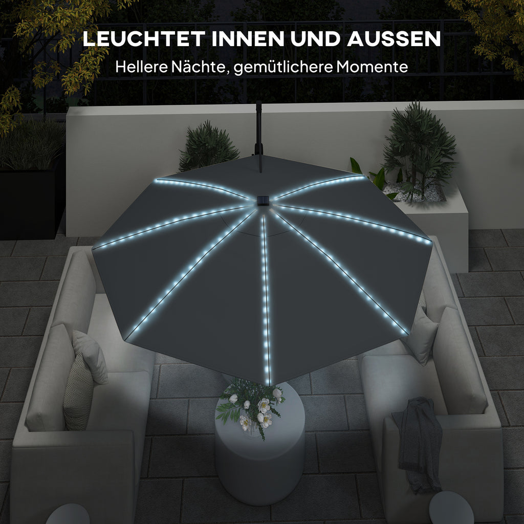 Ampelschirm LED Solar Ø300 cm höhenverstellbar Sonnenschirm mit Kurbel Ständer UV50+