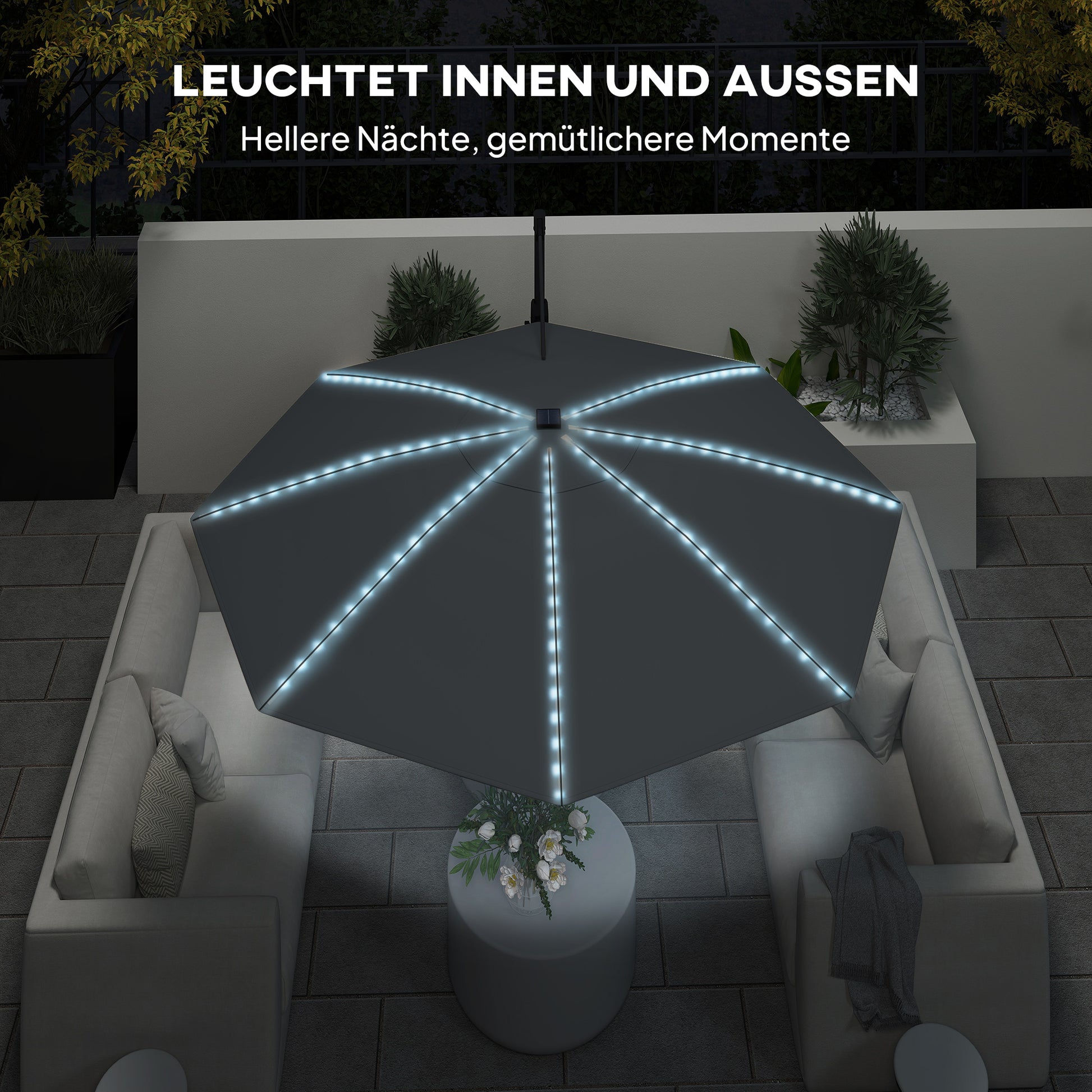 Ampelschirm LED Solar Ø300 cm höhenverstellbar Sonnenschirm mit Kurbel Ständer UV50+