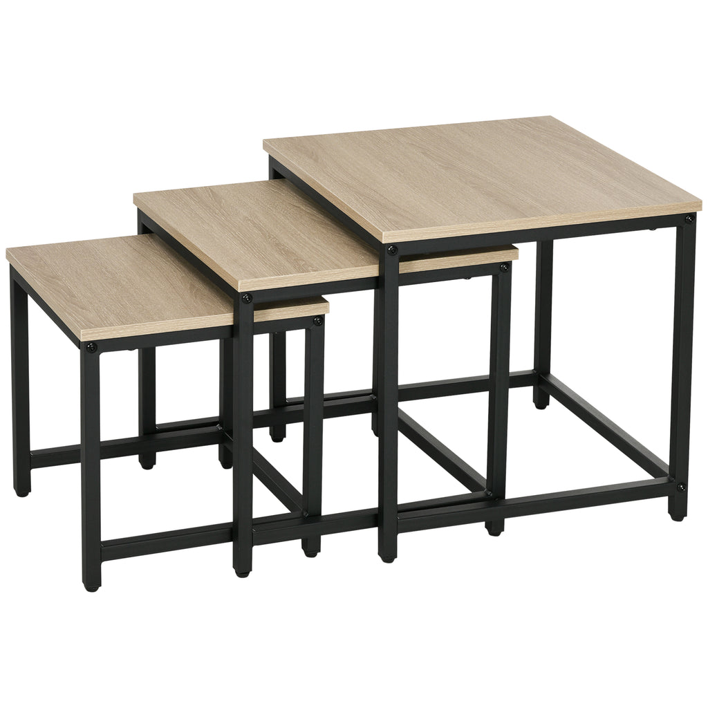 Set aus 3 Beistelltischen, Industrial Design, schwarzer Stahlrahmen, Tischplatte in Holzoptik