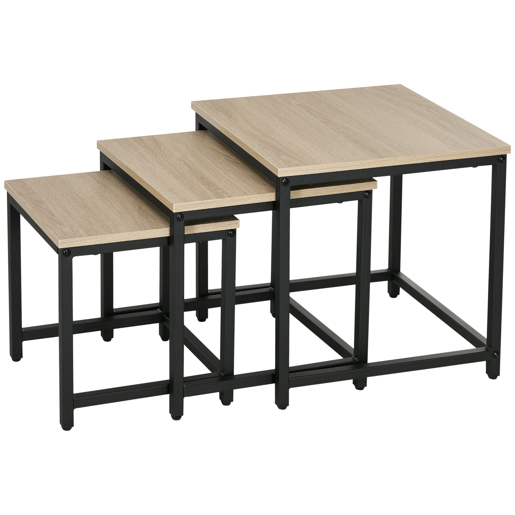 Set aus 3 Beistelltischen, Industrial Design, schwarzer Stahlrahmen, Tischplatte in Holzoptik