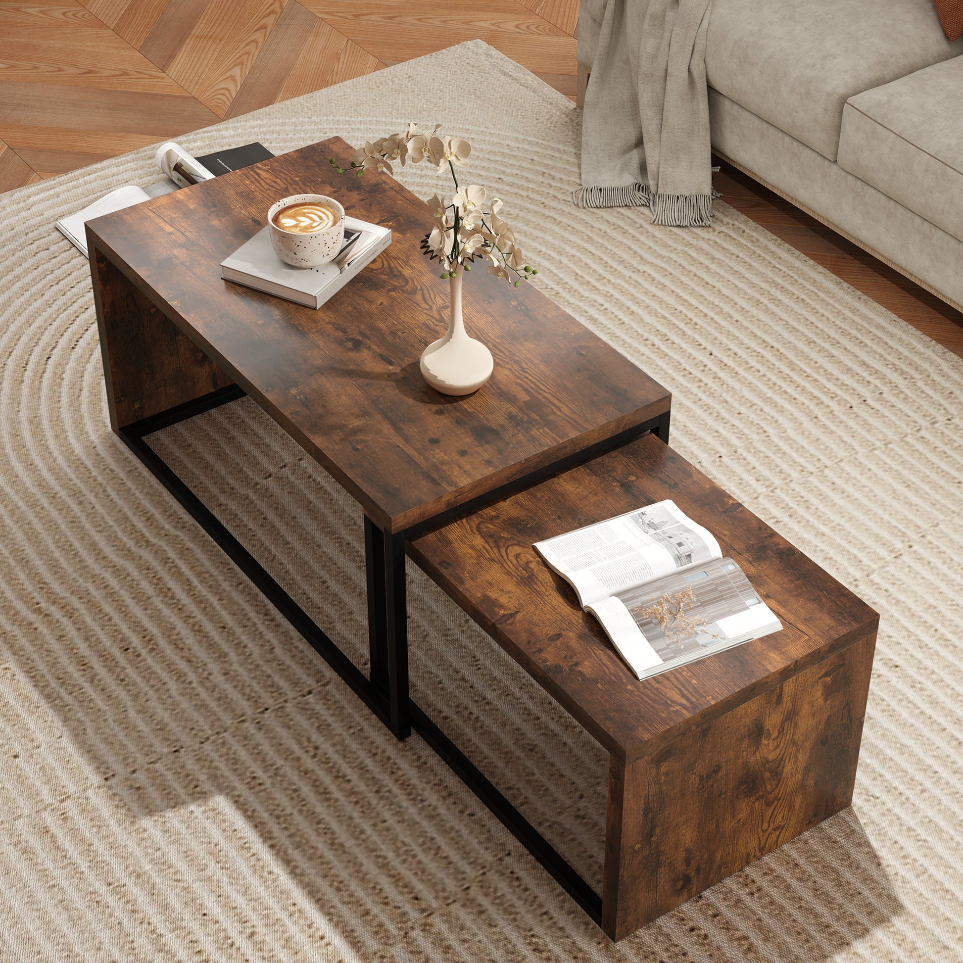 2er-Set Couchtisch, Sofatisch, Beistelltisch, MDF, Metall, Schwarz+Braun