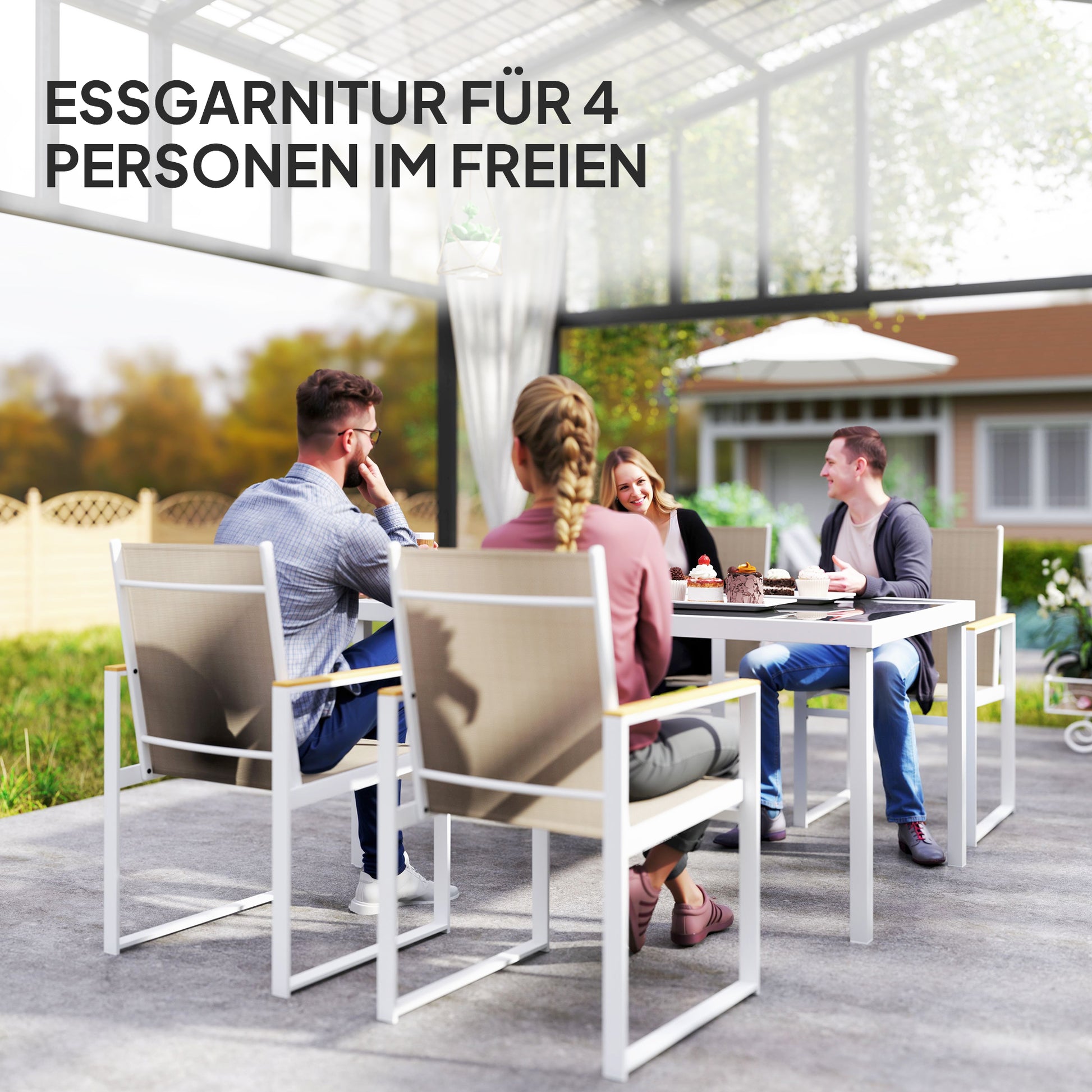 5-teiliges Ess-Set, Outdoor-Tisch aus Hartglas, 4 Stühle, wetterbeständig, Stahlrahmen