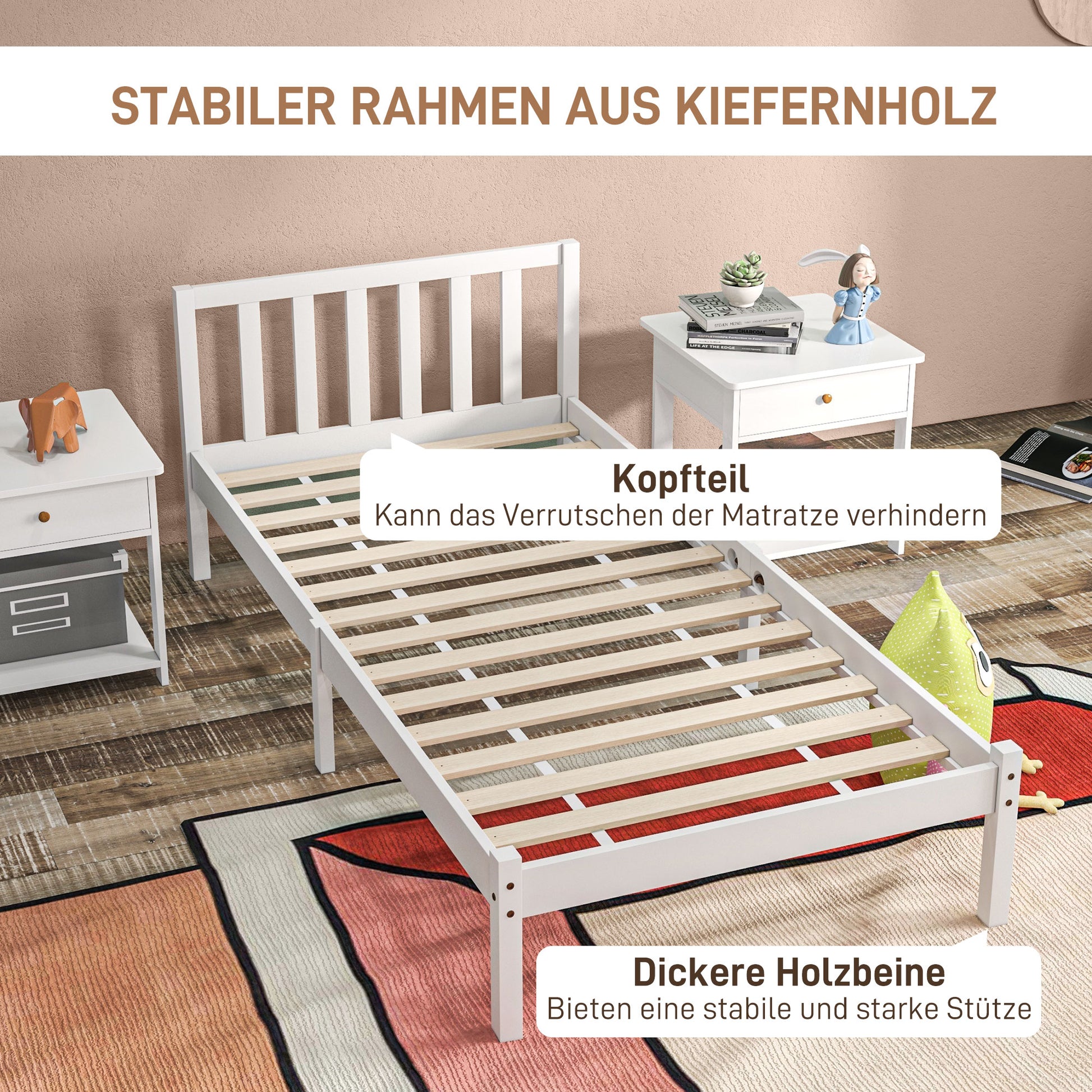 Bettrahmen Holzbett 208 x 96 cm mit Lattenrost & Kopfteil, elegantes Einzelbettgestell für Schlafzimmer in Weiß