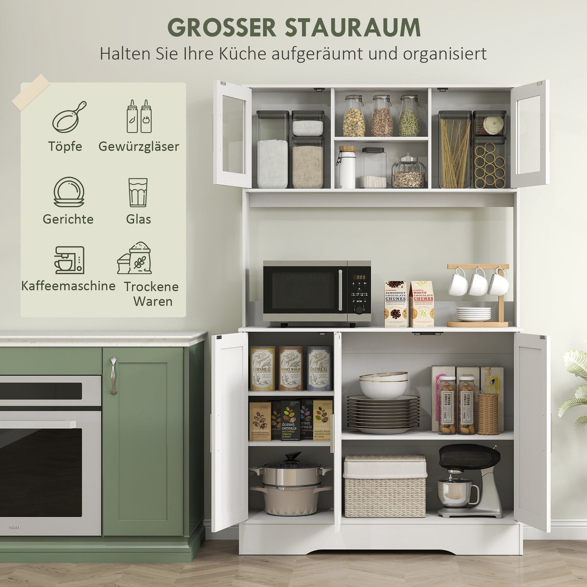 Küchenschrank, Skandinavisches Design, verstellbare Regale, Glastüren, offene Fläche, Spanplatte, MDF