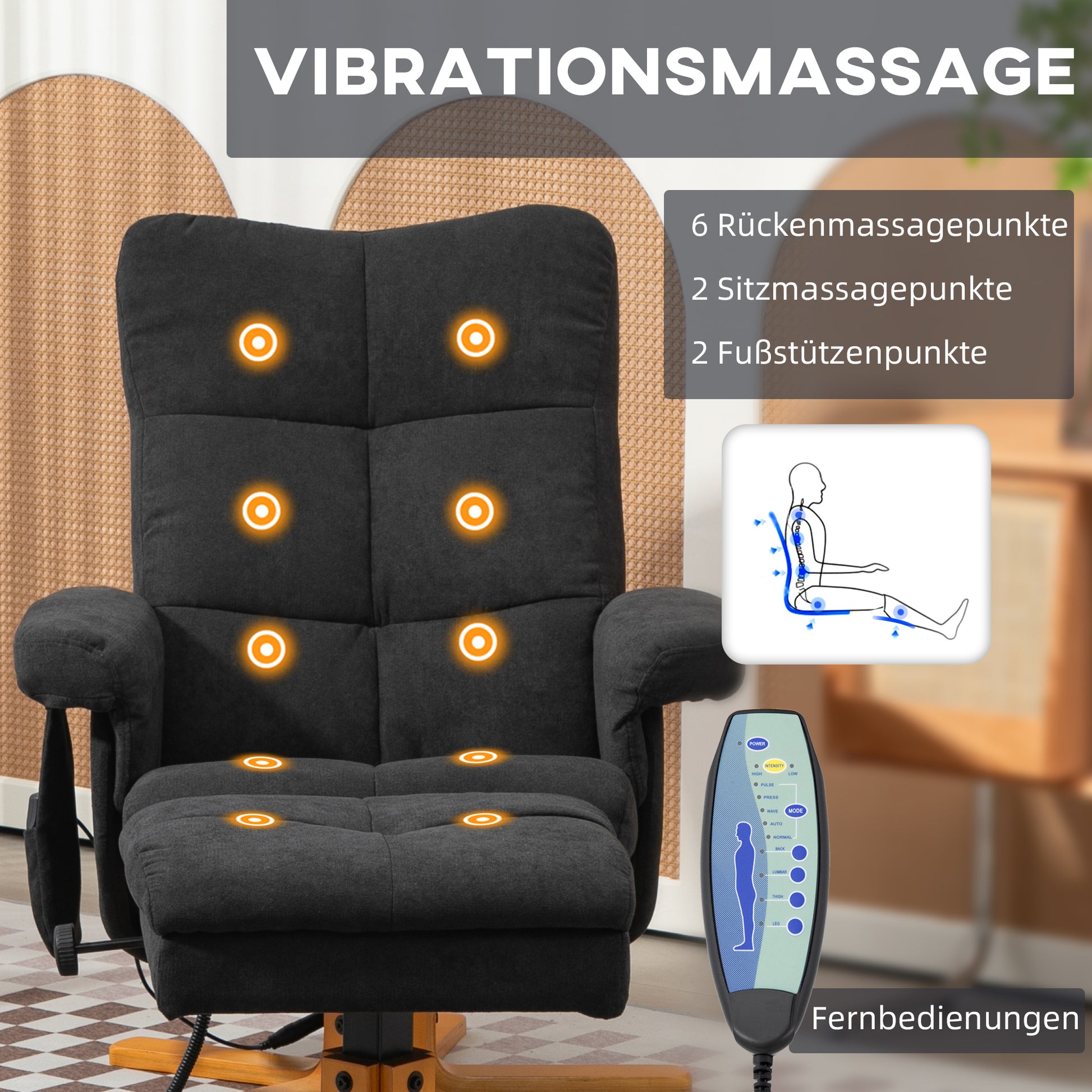 Massagesessel mit Liegefunktion und Fußhocker, 145°-Neigung, Polyester/Kunstleder, 80 x 86 x 99 cm