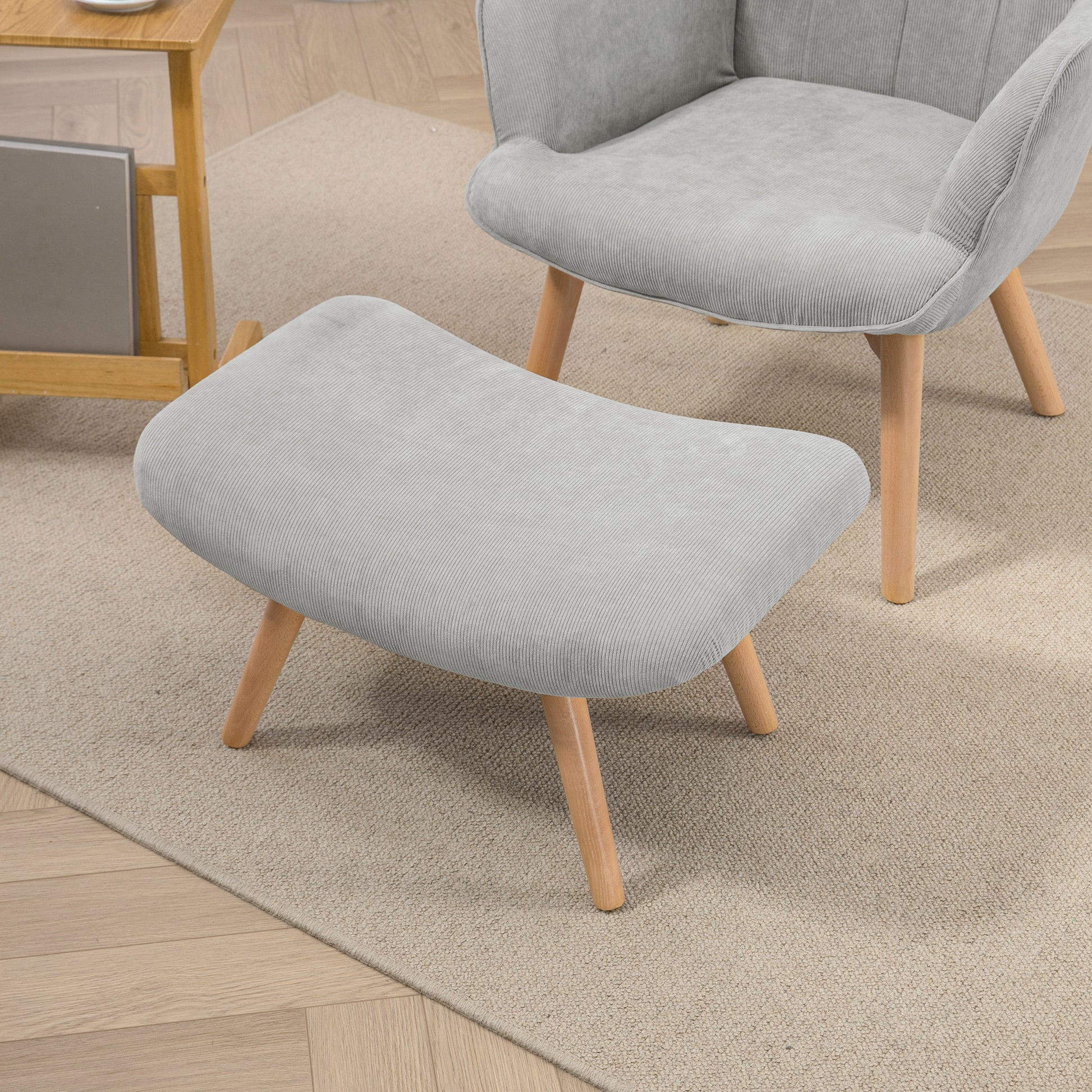 Akzentsessel mit Hocker, Relaxsessel in Cord-Optik, Armlehnstuhl mit Holzbeinen