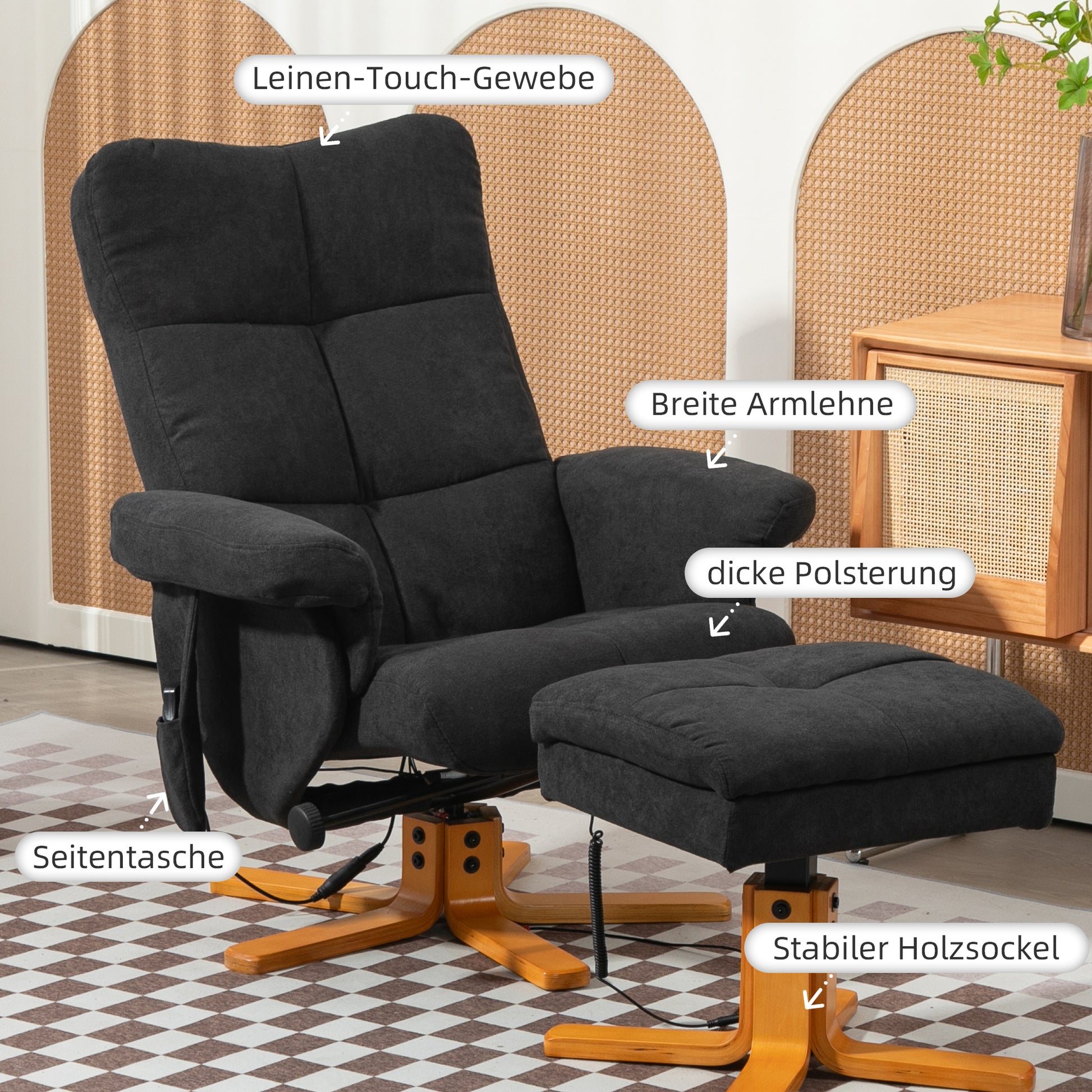 Massagesessel mit Liegefunktion und Fußhocker, 145°-Neigung, Polyester/Kunstleder, 80 x 86 x 99 cm