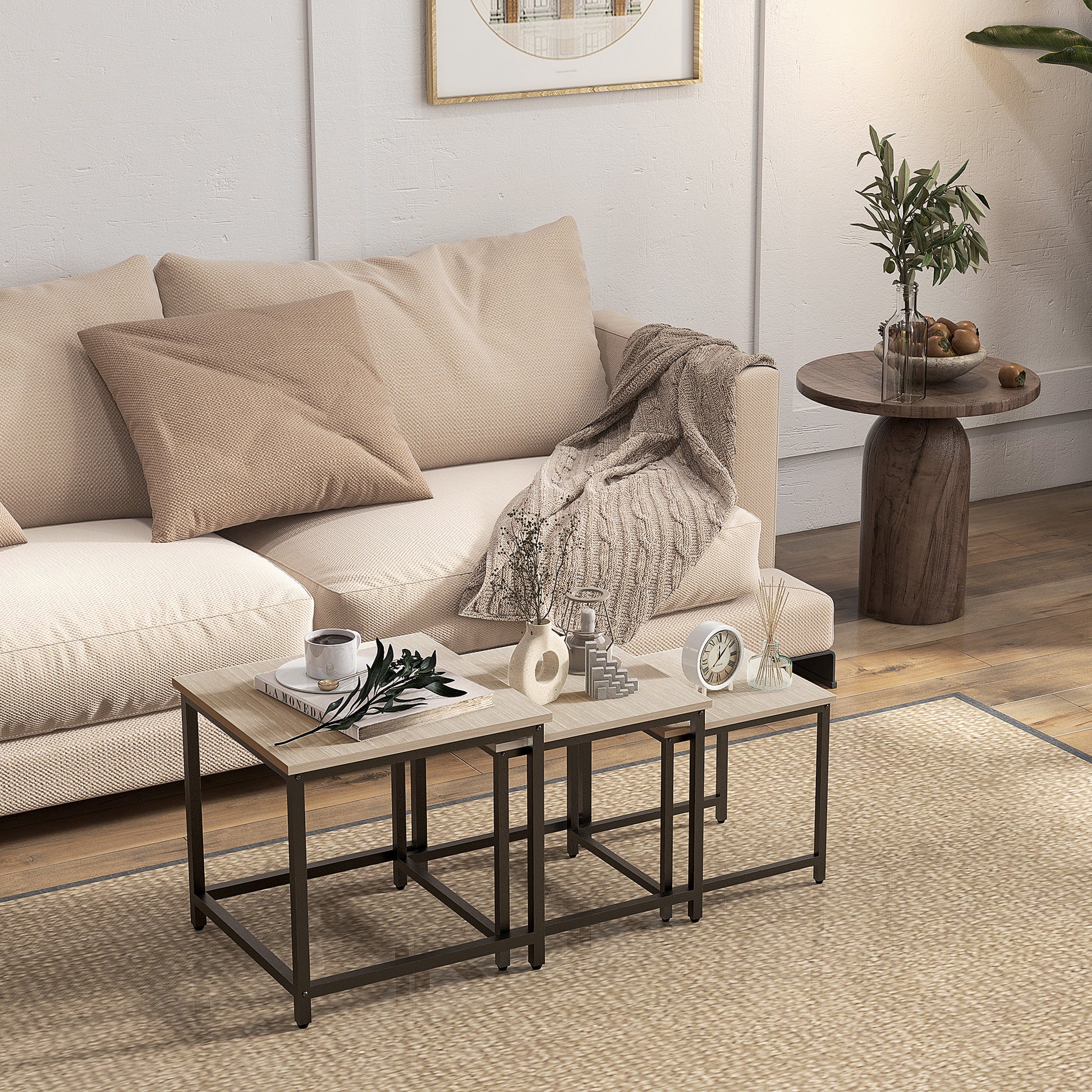 Set aus 3 Beistelltischen, Industrial Design, schwarzer Stahlrahmen, Tischplatte in Holzoptik