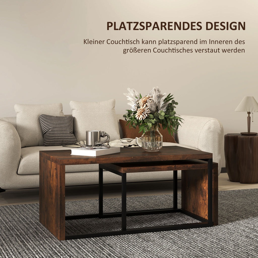 2er-Set Couchtisch, Sofatisch, Beistelltisch, MDF, Metall, Schwarz+Braun