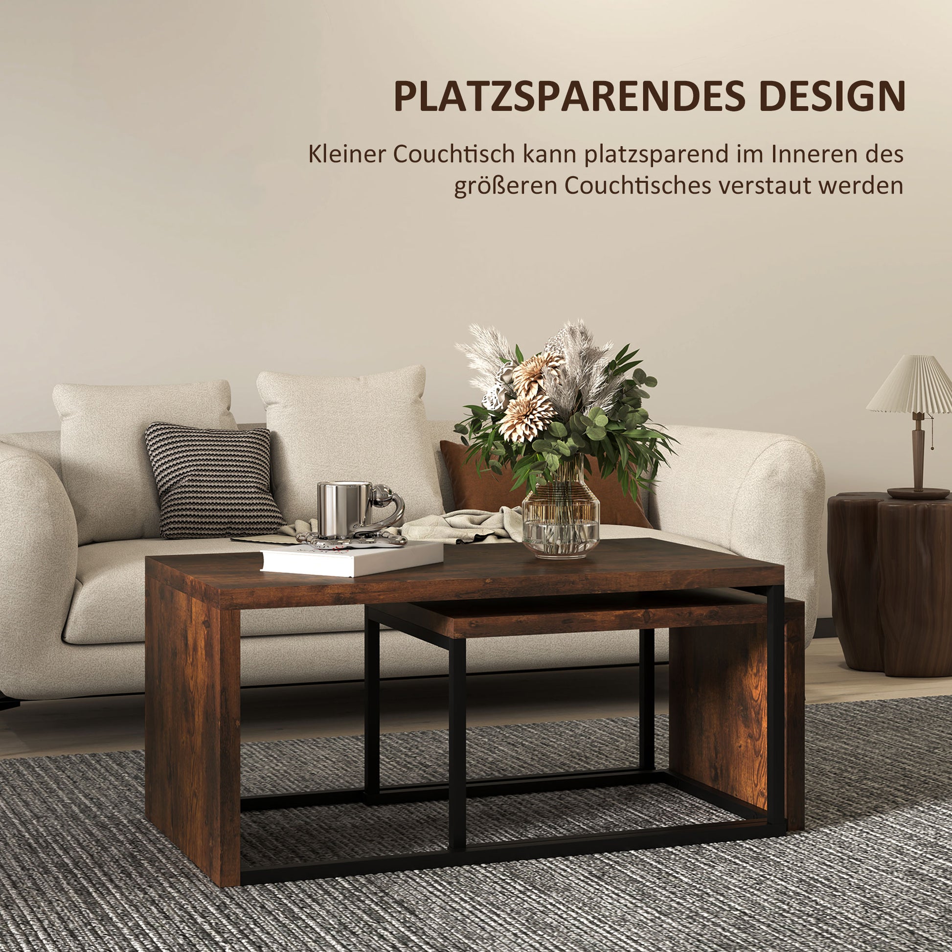 2er-Set Couchtisch, Sofatisch, Beistelltisch, MDF, Metall, Schwarz+Braun