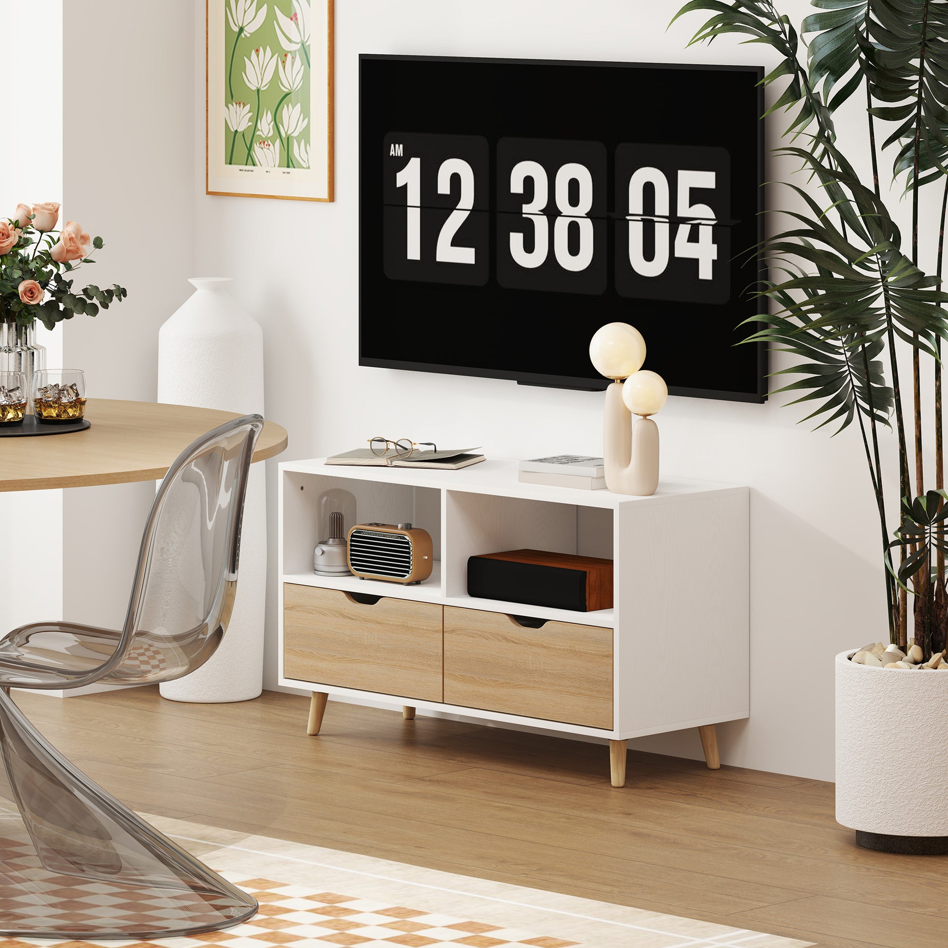 TV-Schrank, TV-Kommode mit Schubladen, Offene Regale, Holz, 99 x 39 x 58 cm