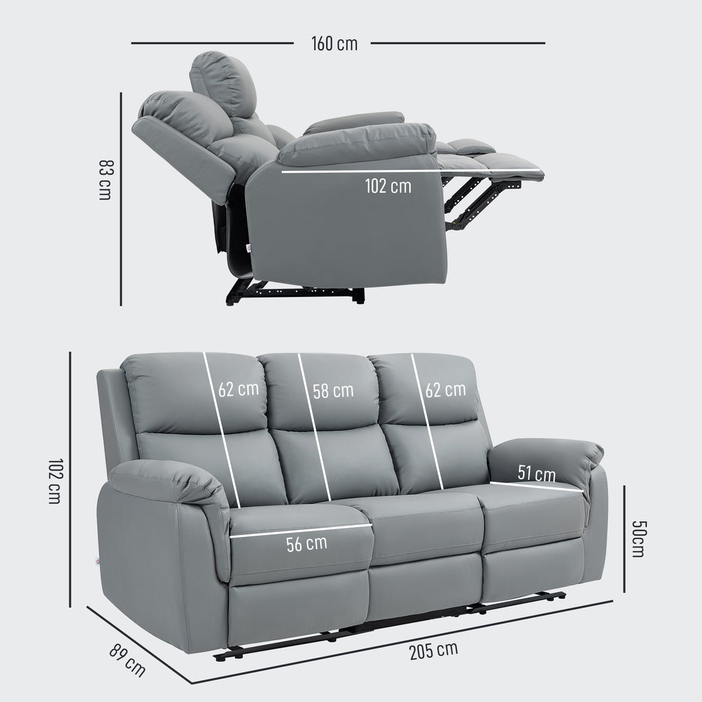 3-Sitzer-Sofa, linker und rechter Sitz zurücklehnbar, anpassbare Fußstütze, Kunstlederbezug, Dunkelgrau