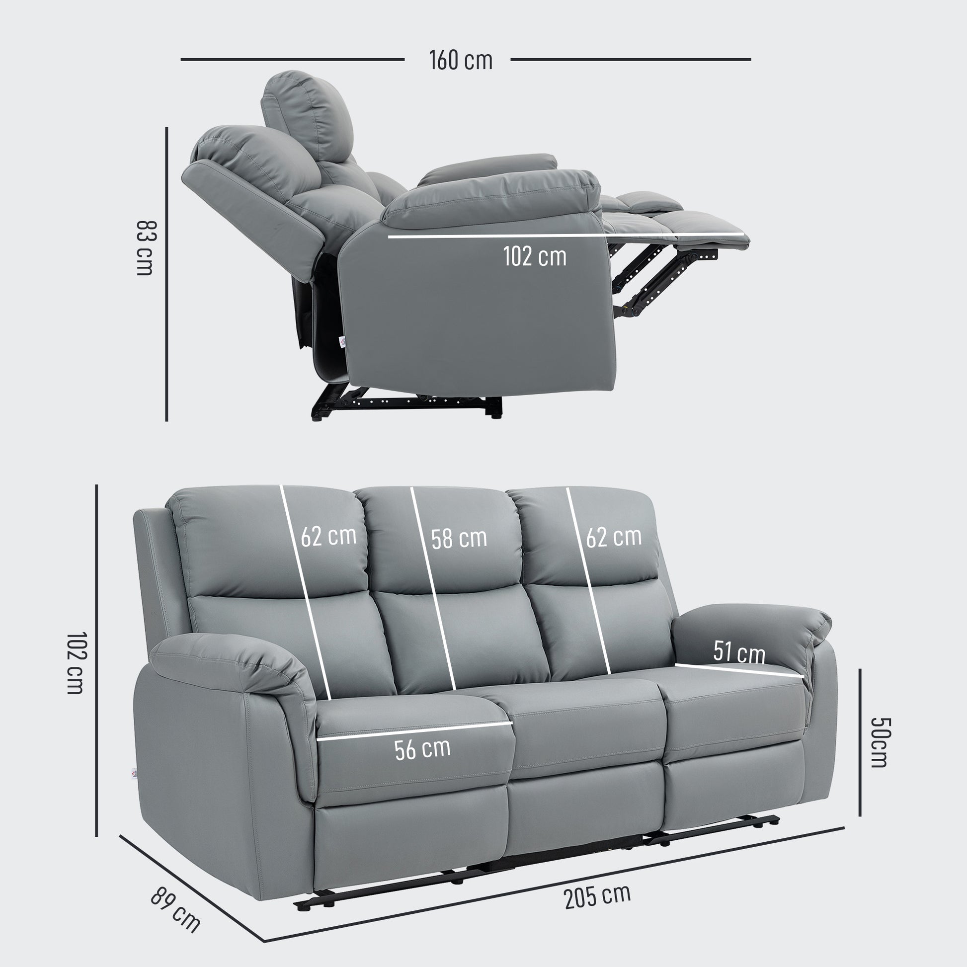 3-Sitzer-Sofa, linker und rechter Sitz zurücklehnbar, anpassbare Fußstütze, Kunstlederbezug, Dunkelgrau