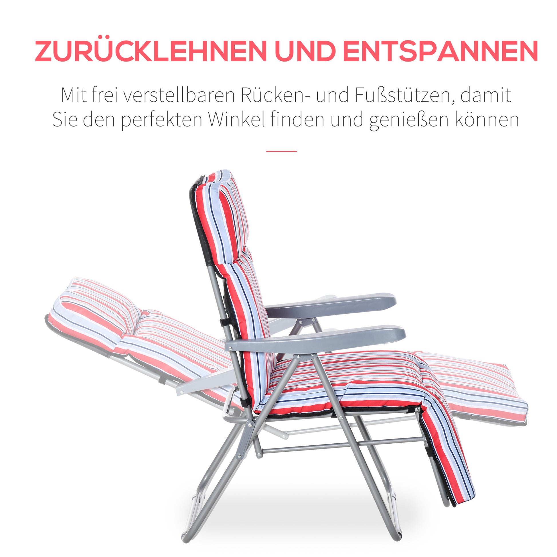 2er-Set Liegestuhl Set mit Kissen, klappbar, 5 Stufen verstellbarer Rückenlehne, Gartenliege Rot