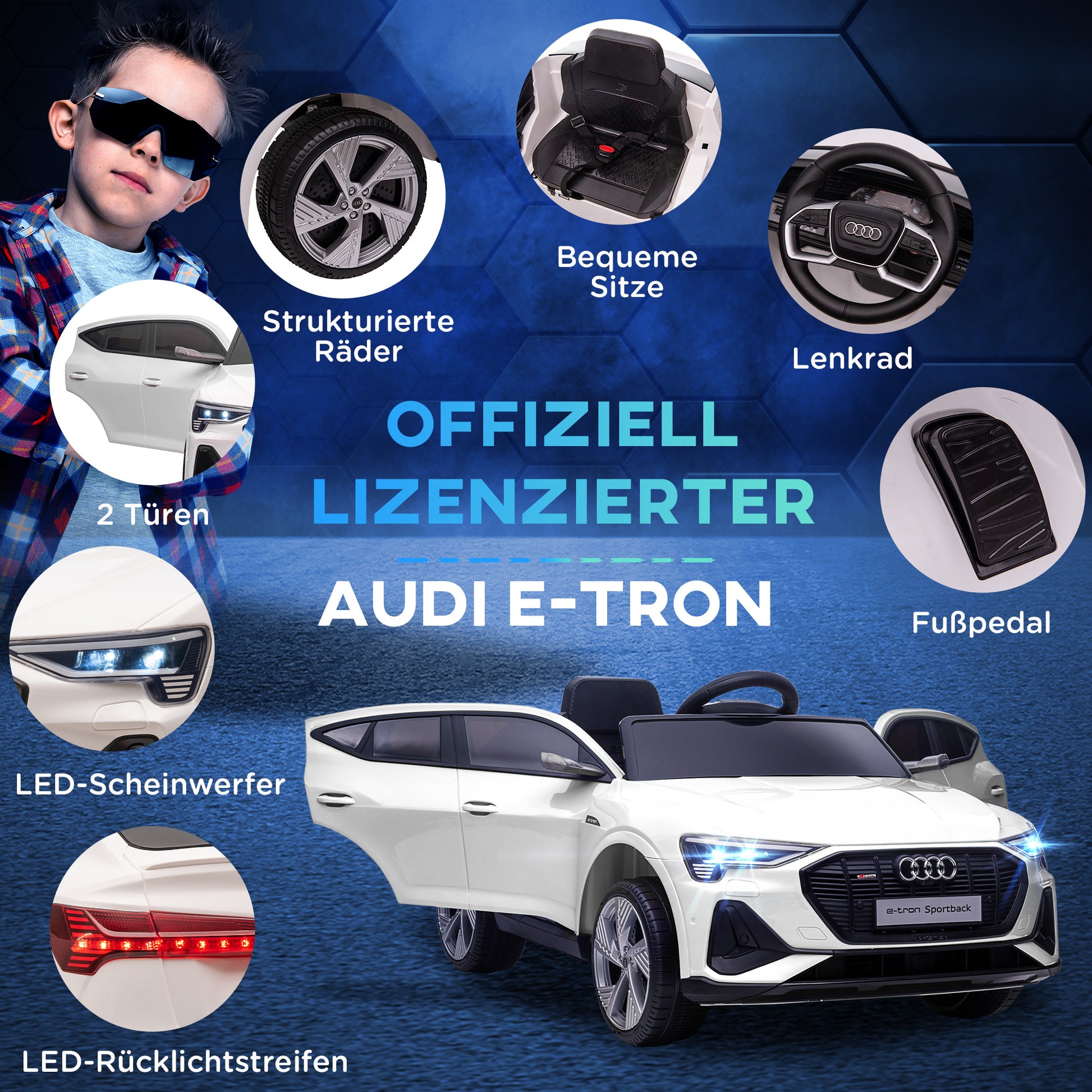 Elektro Kinderauto 12V Audi E-tron Elektroauto mit Fernbedienung, Sicherheitsgurt, Musik, 3-5 km/h