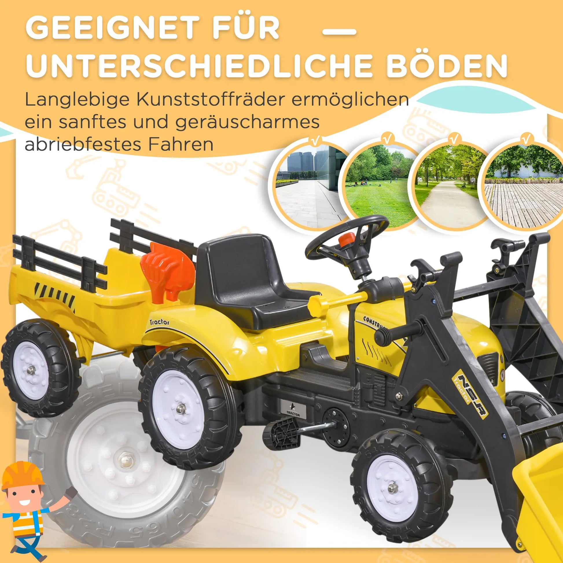 Kinderradlader, steuerbarer Frontlader, ab 3 Jahren, Pedalantrieb, Gelb/Schwarz