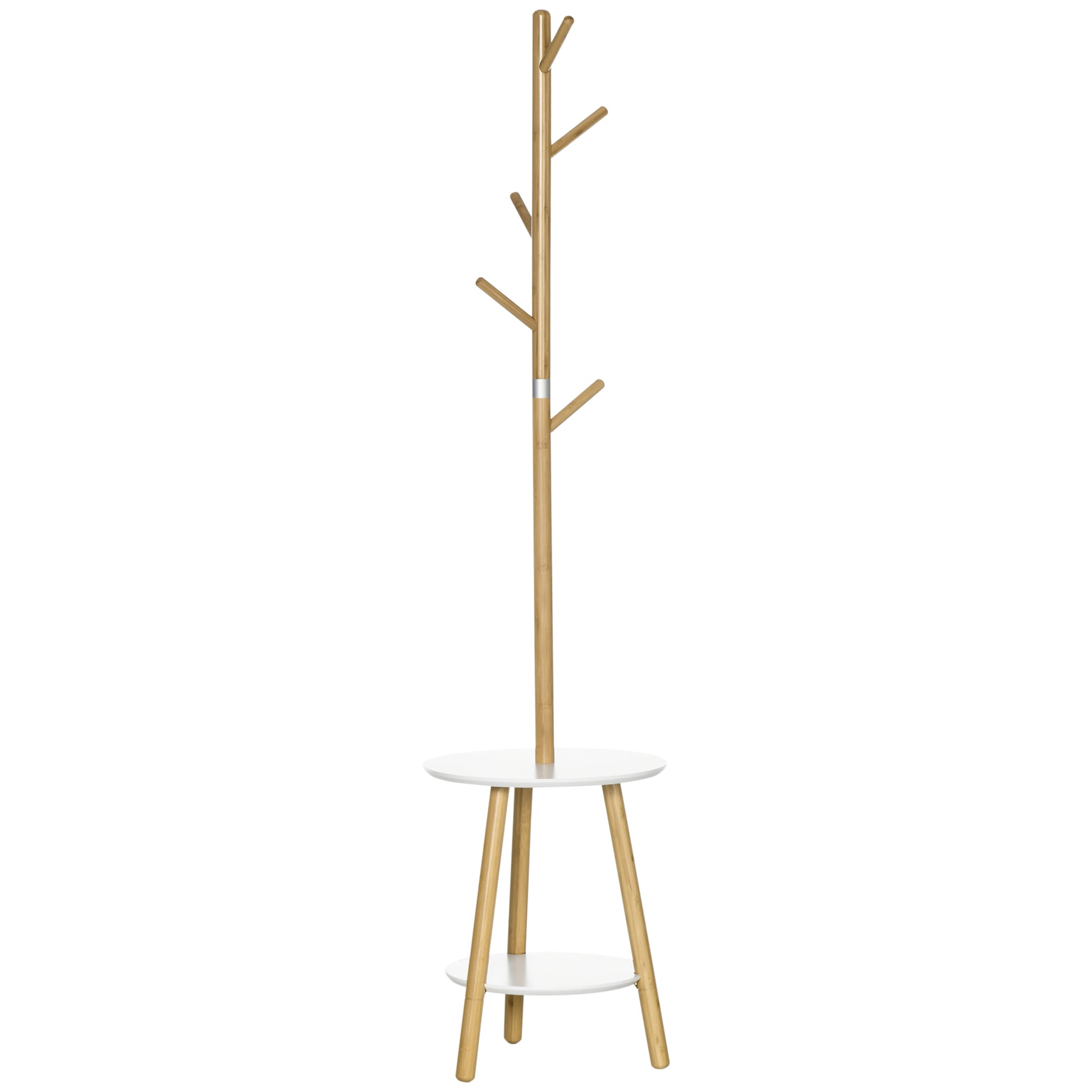Garderobenständer mit Beistelltisch im Skandi-Design, 5 Kleiderhaken, Natur + Weiß
