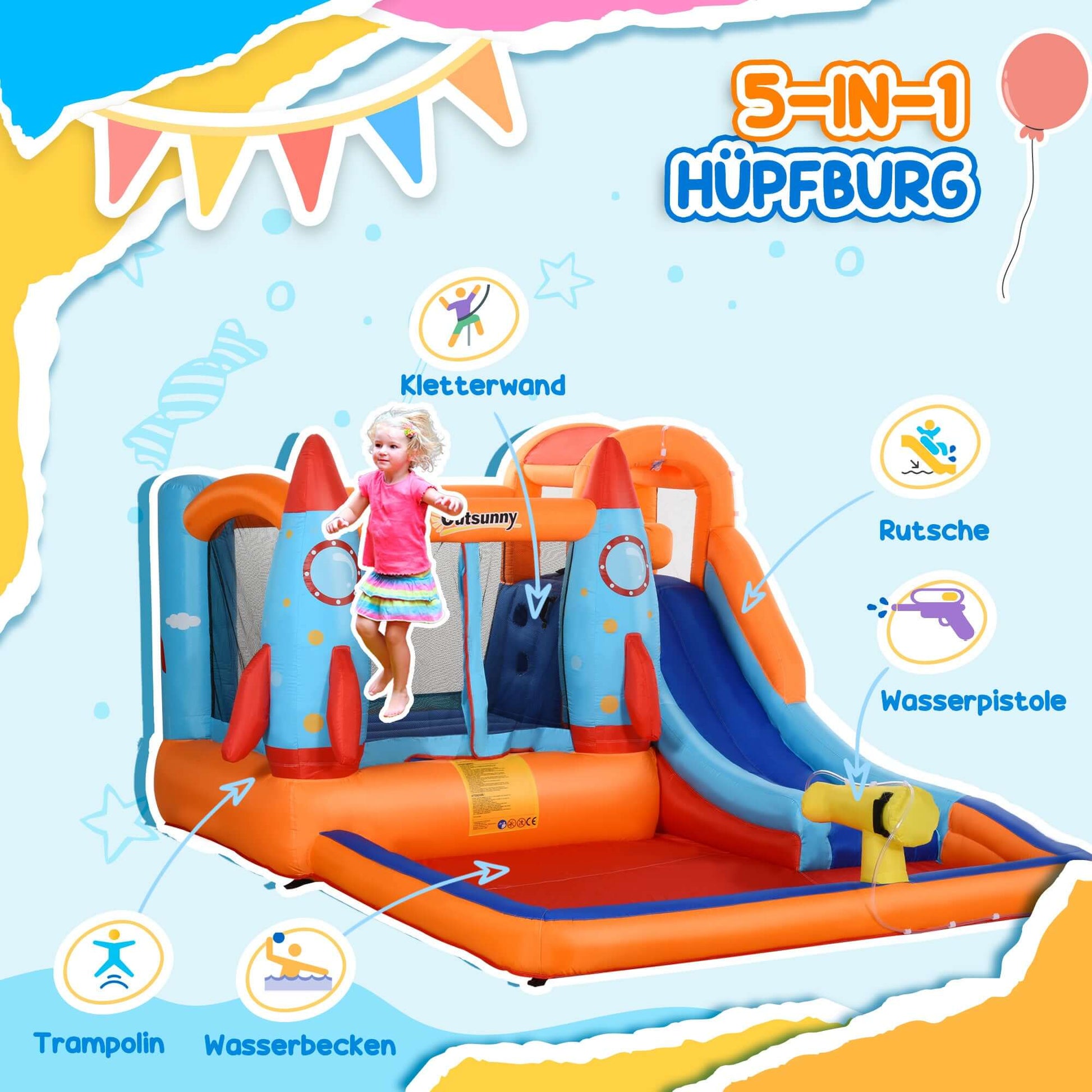 Outsunny Aufblasbare Hüpfburg mit Rutsche, Pool & Kletterwand – 350 × 250 × 185 cm – inkl. Gebläse & Zubehör – Mehrfarbig