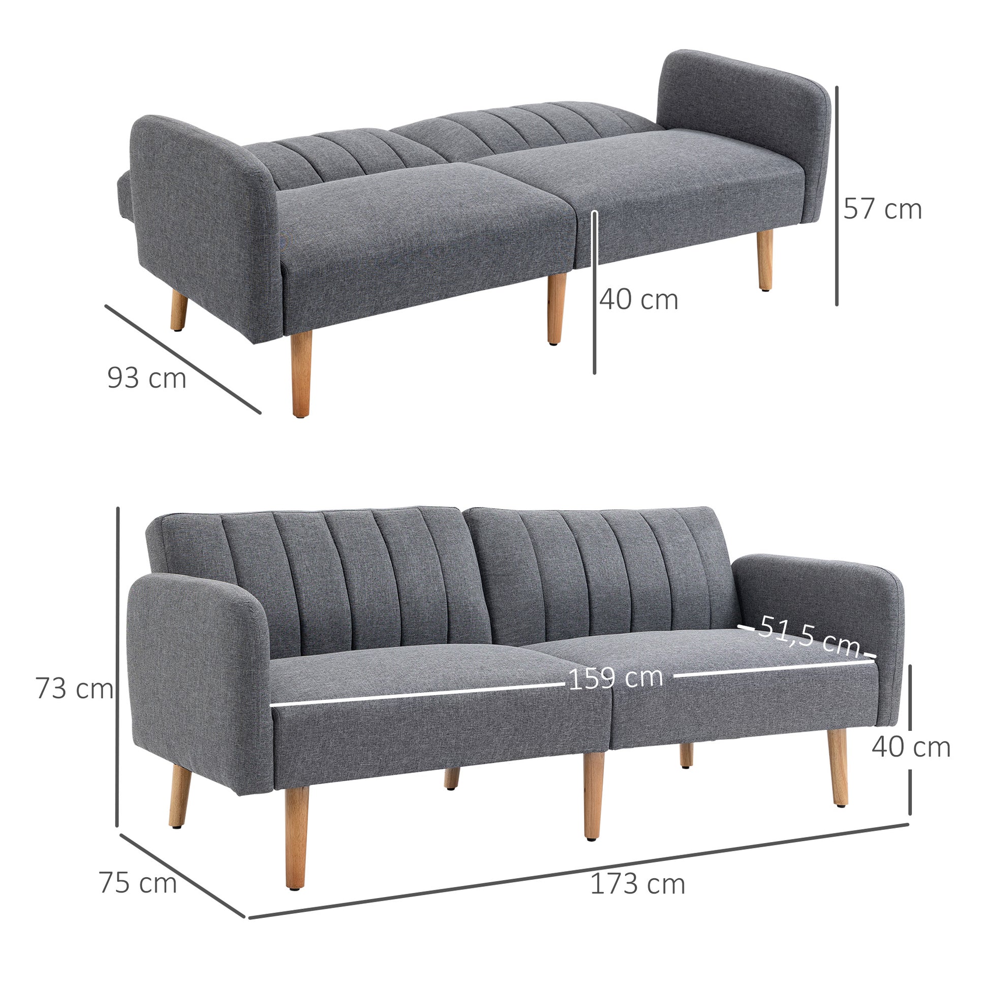 Homcom Schlafsofa 2 Sitze Wohnzimmer mit Rückenlehne in 3 Positionen Grau verstellbar