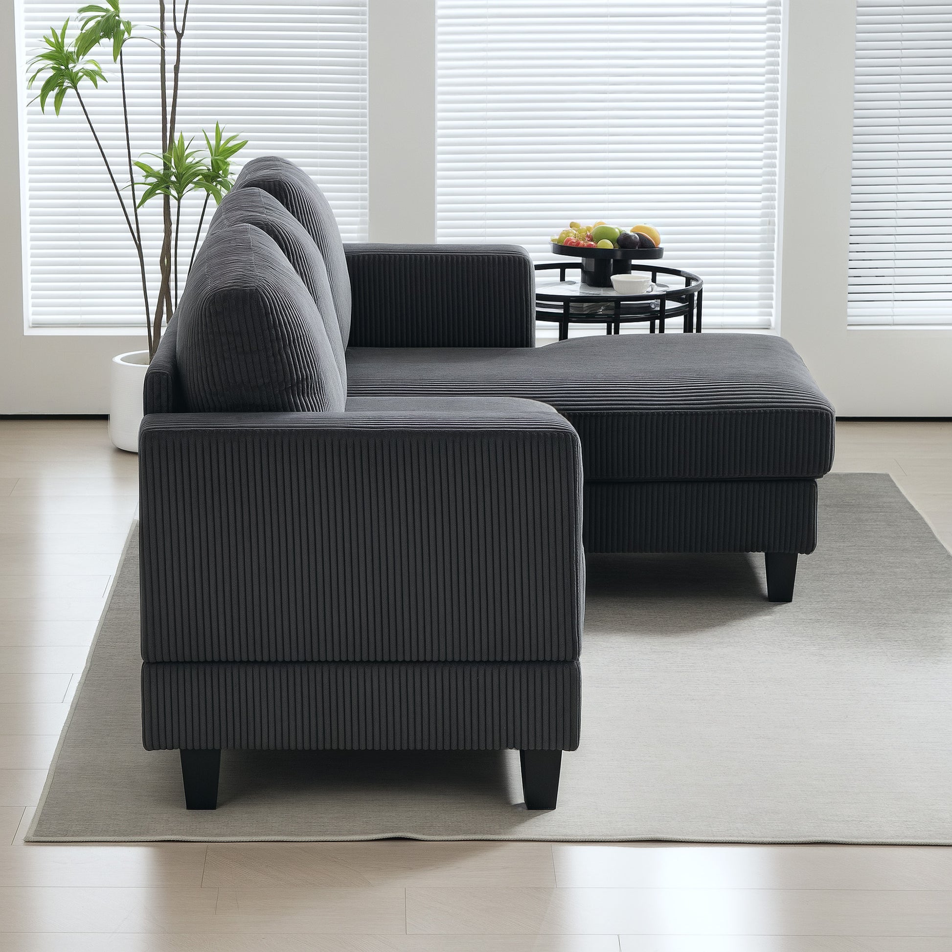 Ecksofa mit Chaiselongue 3 Sitzer L Form Gepolsterte mit Cord-Optik, Hochdichtem Schaumstoff, 214 x 134 x 87 cm Dunkelgrau
