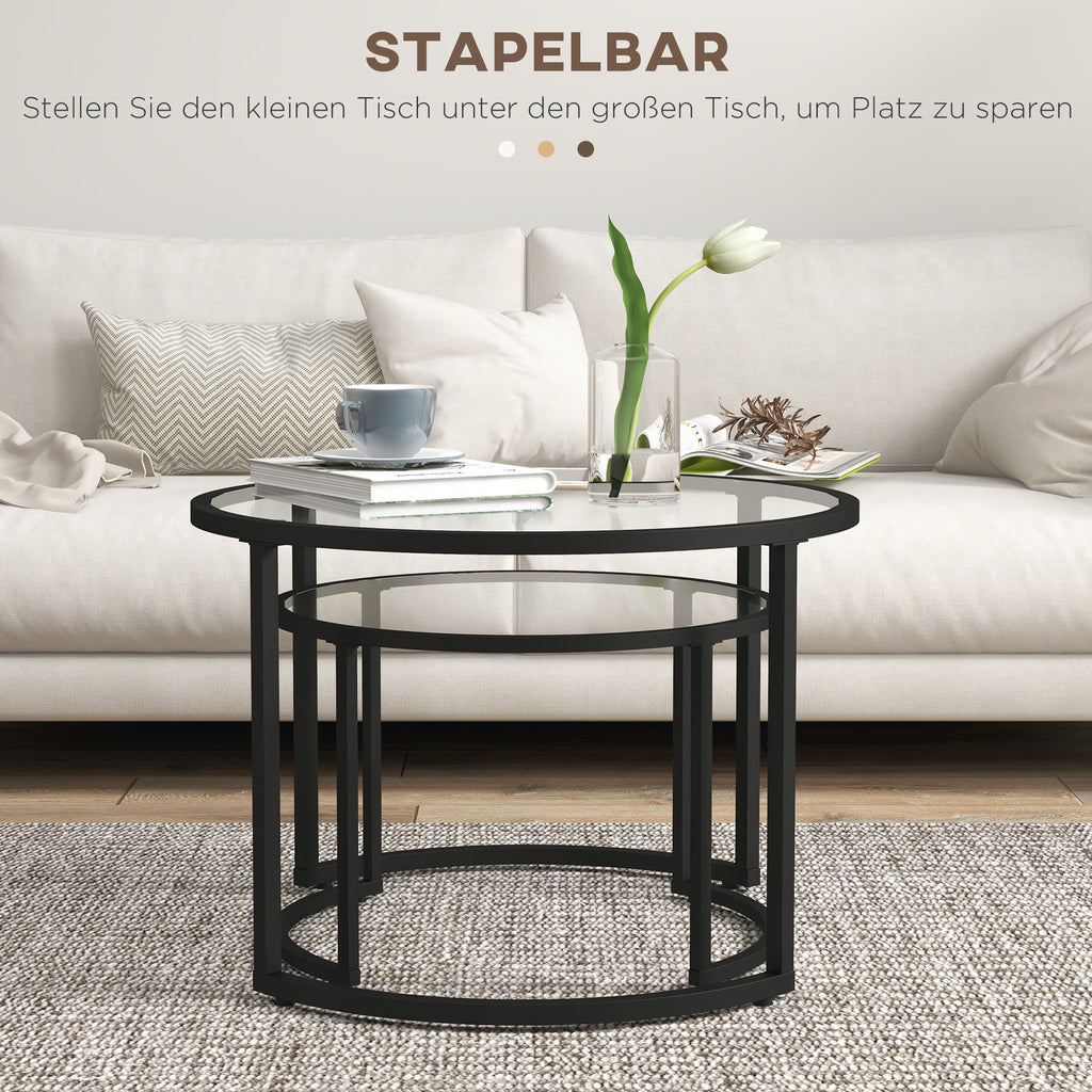 2er-Set Beistelltische Couchtische Industrie-Design, Glastische, stapelbar, Schwarz/Transparent
