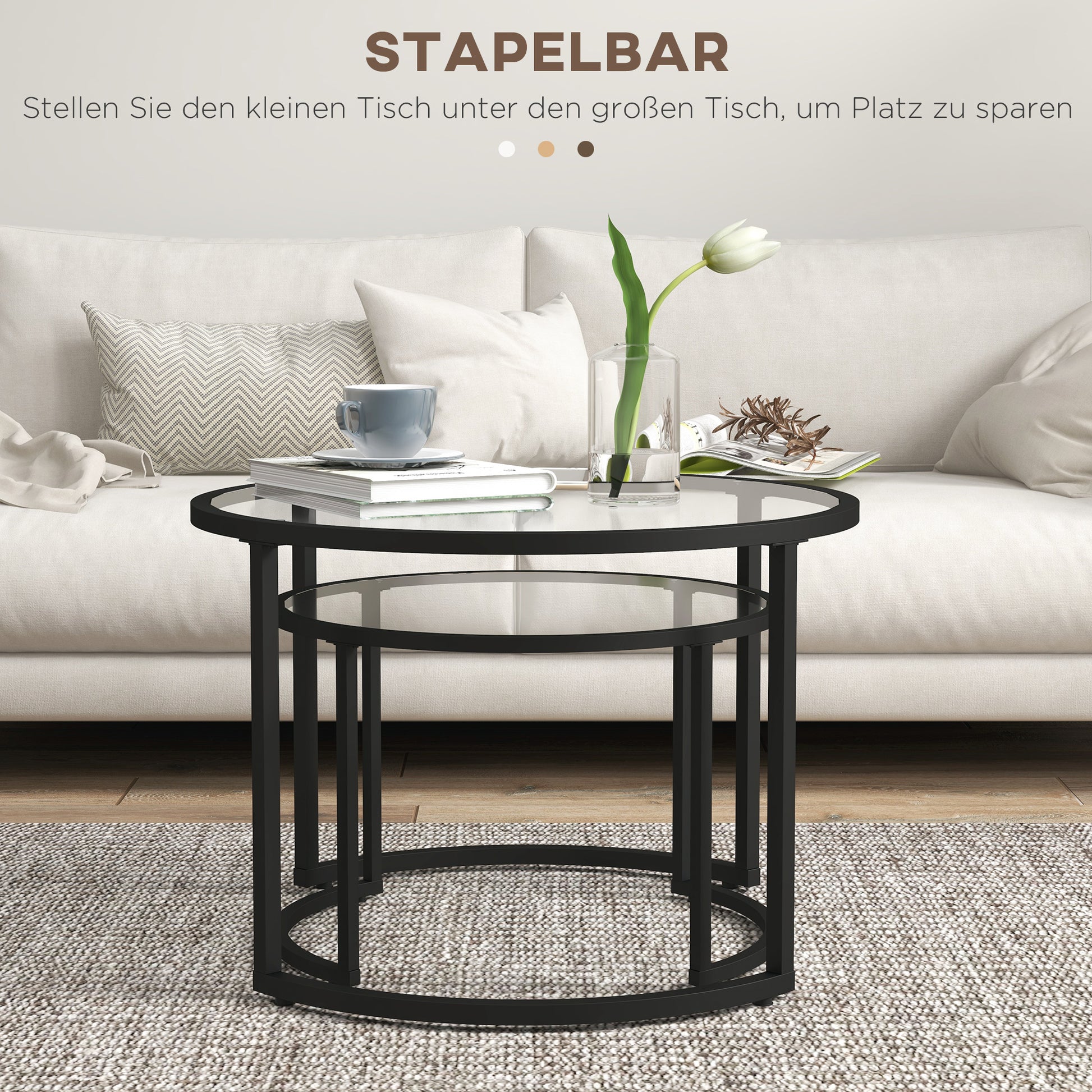 2er-Set Beistelltische Couchtische Industrie-Design, Glastische, stapelbar, Schwarz/Transparent