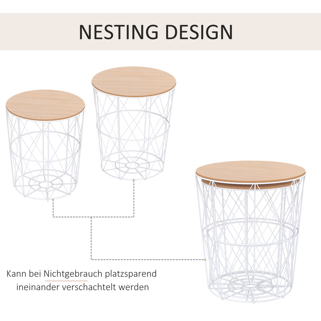 Couchtisch Rund 2er Set stapelbar Beistelltisch mit abnehmbaren Deckel Satztisch Kaffeetisch mit Metallgestell